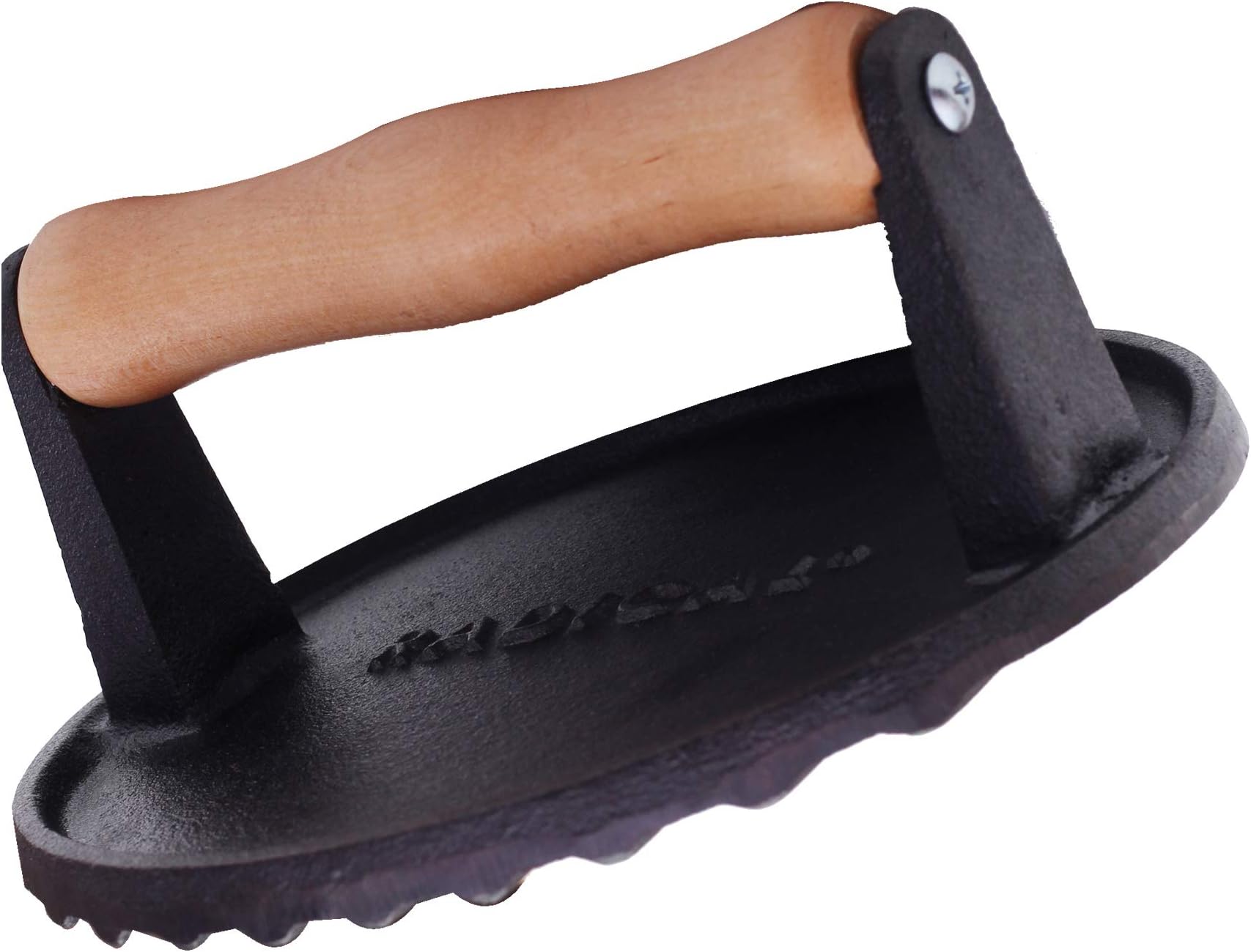 Radicaln Burger Press Round 7 Inches Diameter Heavy Cast Iron Bacon Press with Wooden Handle for Kitchen & Commercial Grade - Pre-Seasoned for Sandwich & Grill Press - Ideal for Hamburgers & Steaks