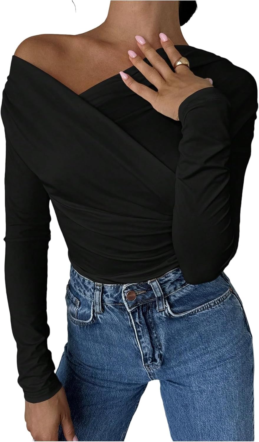 Verdusa Women's Off The Shoulder Wrap Tops Ruched Long Sleeve Slim Fit T Shirts