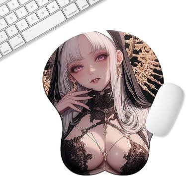 Japanese Style 3D Anime Sexy Wrist Rest Mouse Pad, 3D Hot Anime Girl Gaming Mouse Pad, Computer Accessroies, Anti-Slip Base, Silly Gift Black Nun