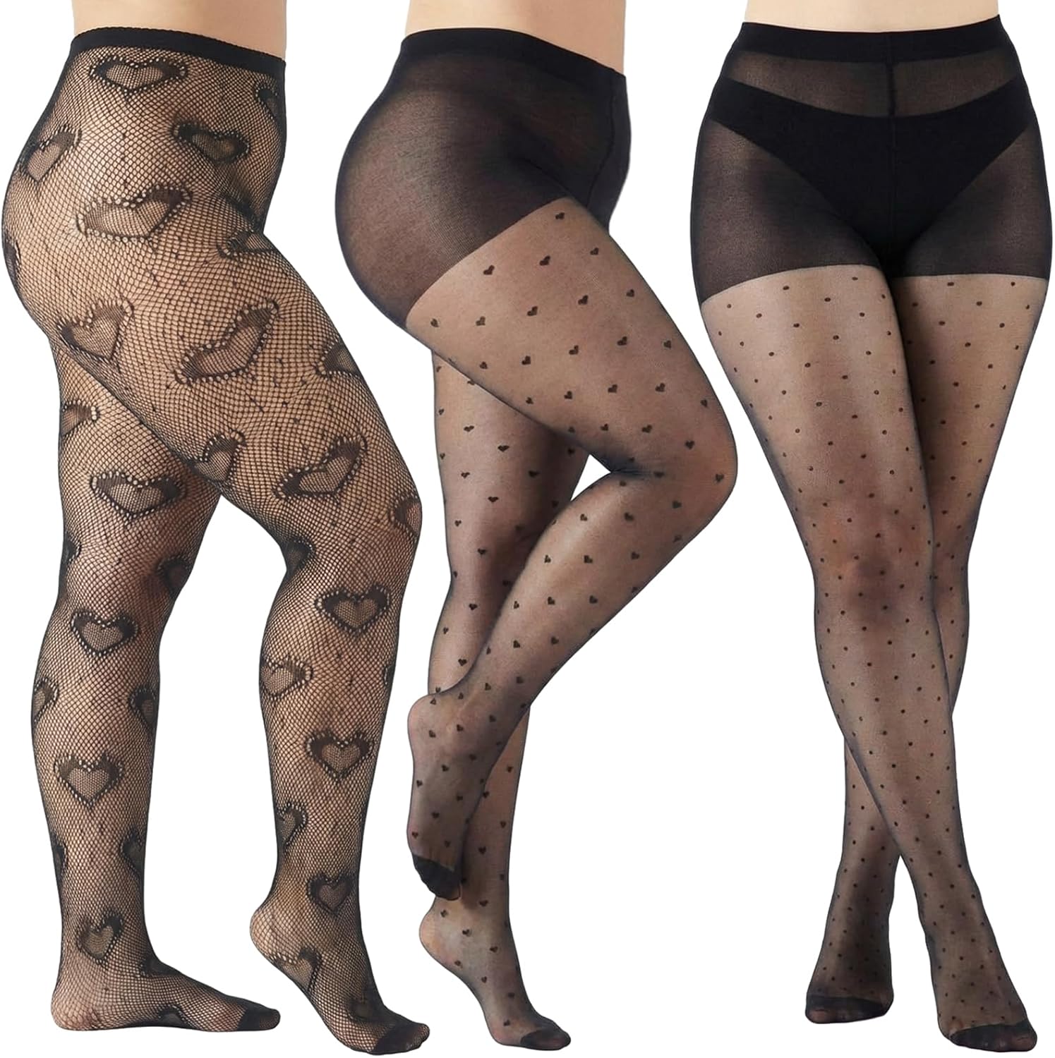 Geyoga 3 Pcs Heart Fishnet Tights Stretch Polka Dot Tights High Waist Halloween Gothic Heart Pantyhose Patterned Stockings