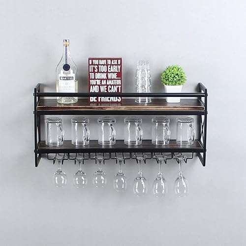 Miniatura 6 de MBQQ Estante de vidrio para vino, estante industrial de madera de 2 niveles, estantes de vino de 30 pulgadas para montar en la pared con 7 soportes