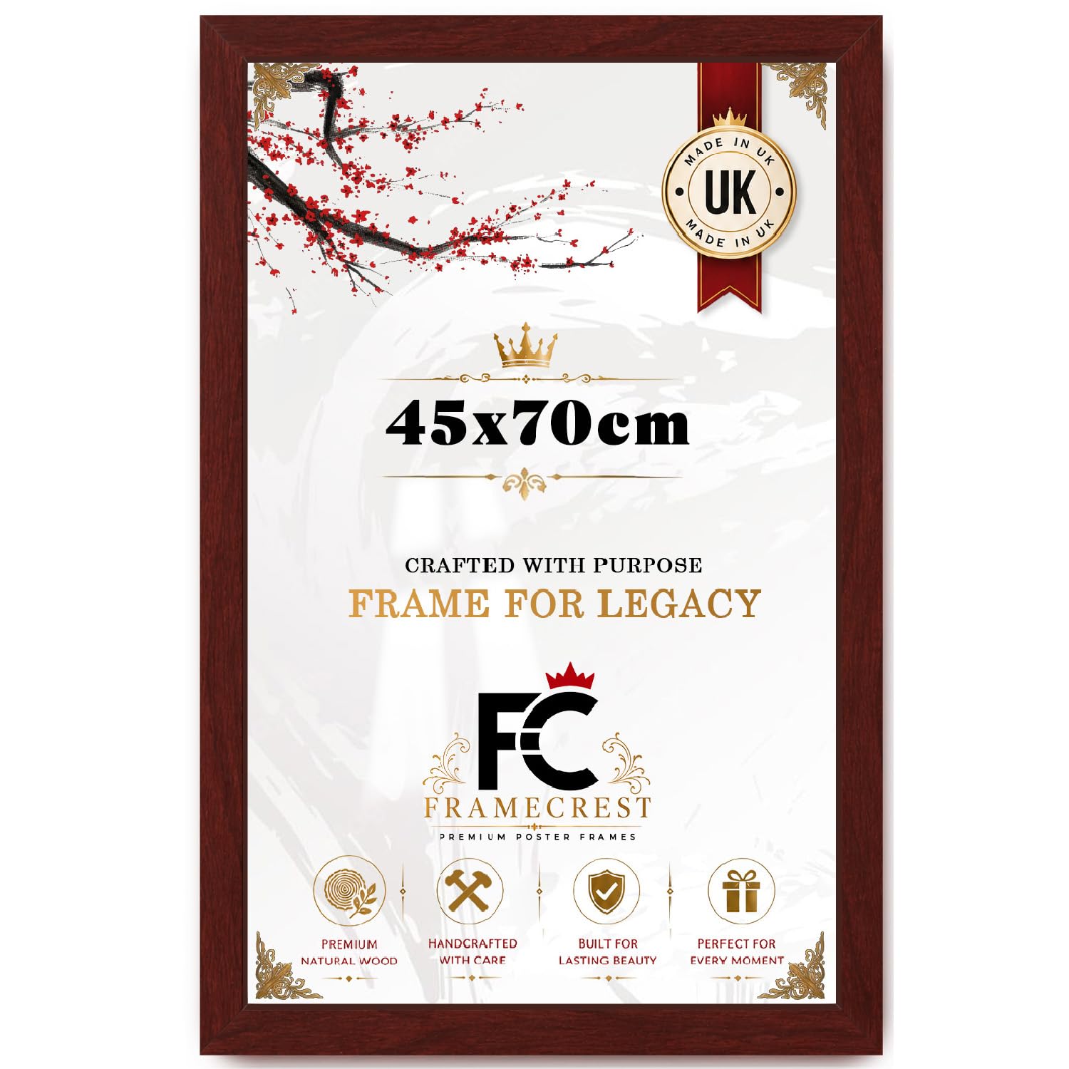 FRAMECREST 45x70cm MDF Poster Frame Mahogany | Solid Engineered Wood Frame with HD Perspex Front | Wall Hanging Photo Frame for Posters Prints Certificates & Decor- [Mahogany]