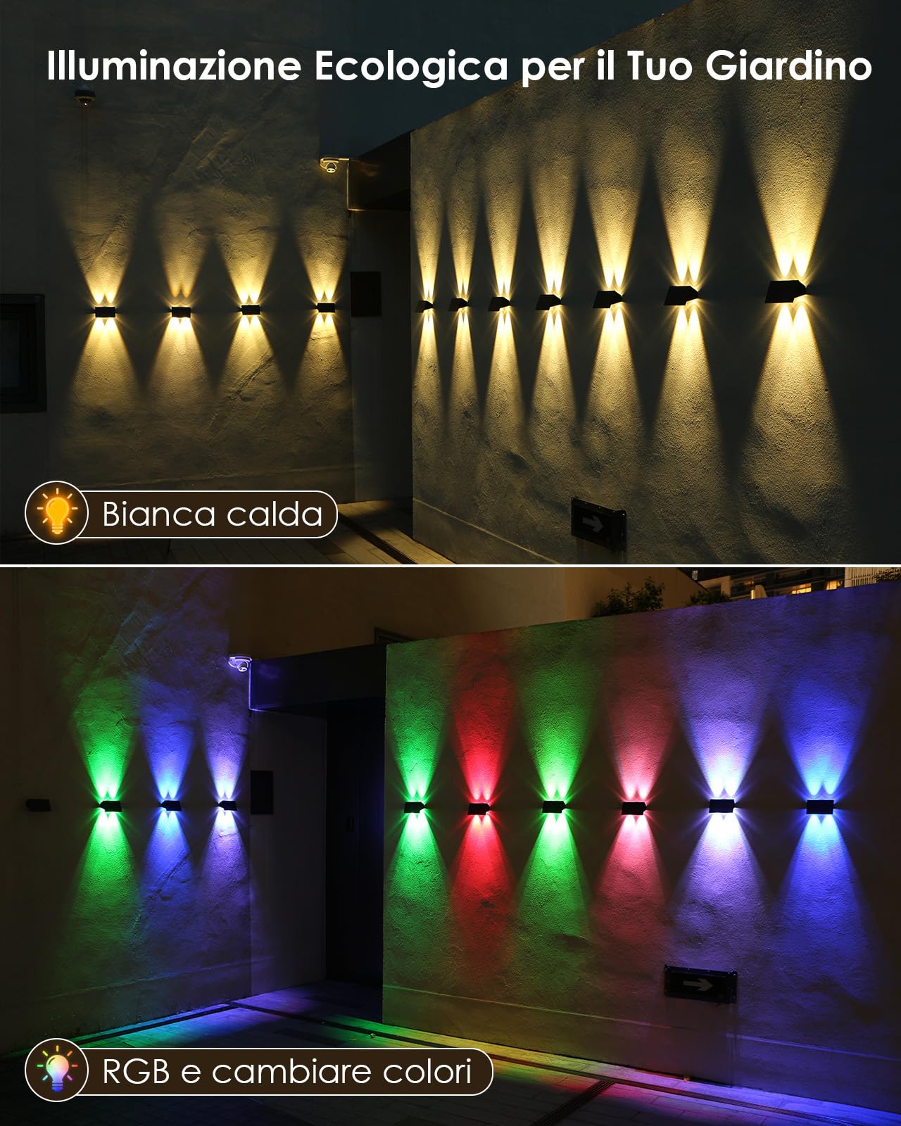 IIRARA Lampada Solare da Esterno Bianca Calda e RGB Applique da Esterno Solare Basso e Alto Lampade Solari a LED da Esterno Impermeabile 2 Articoli Lampade da Esterno Giardino 120 Lumi per Cortile