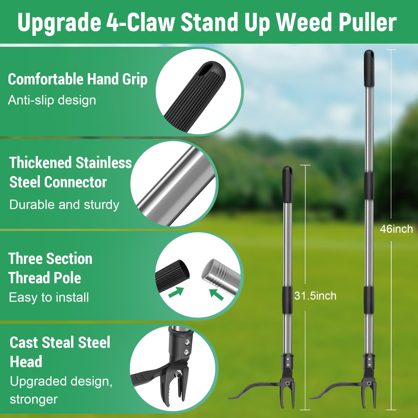 GOXAWEE Unkrautabzieher, 4-Krallen-Stand-Up-Unkrautjäter mit verstellbarem 116,8 cm Griff zum Entfernen von Unkraut, ohne sich zu verbiegen, zu ziehen oder zu knien