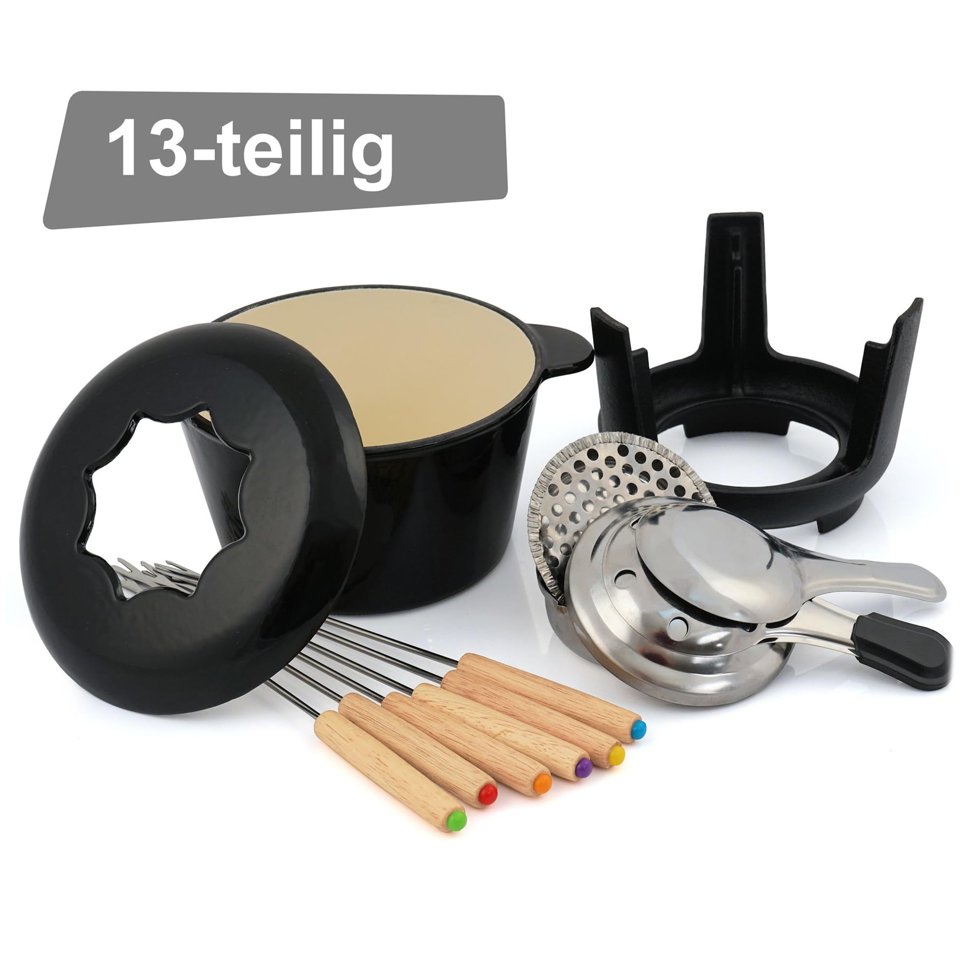 BBQ-TORO Juego de Fondue de Hierro Fundido | 6 Personas | 1 Litro | Set de Fondue 13 Piezas con Quemador y Tenedores | Set para Fondue de Queso, Set de Fondue de Carne, Set para Fondue de Chocolate