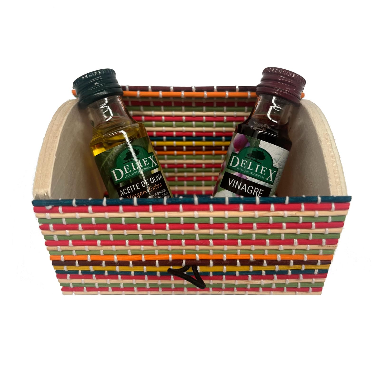 Detalle para eventos. Regale este pack de Aceite de oliva y Vinagre en miniaturas con baúl multicolor de madera (Pack 24 ud)