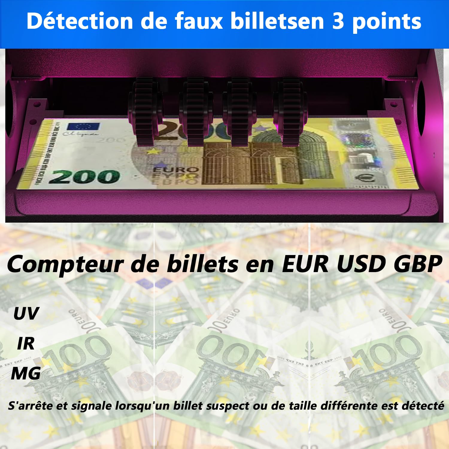 Geldzählmaschine, EUR USD GBP-Geldzähler, UV/MG-Erkennung, 1000 Blatt/min, LCD-Display, 2 Jahre Garantie, Kann gemischte Noten nicht zähle NX-270