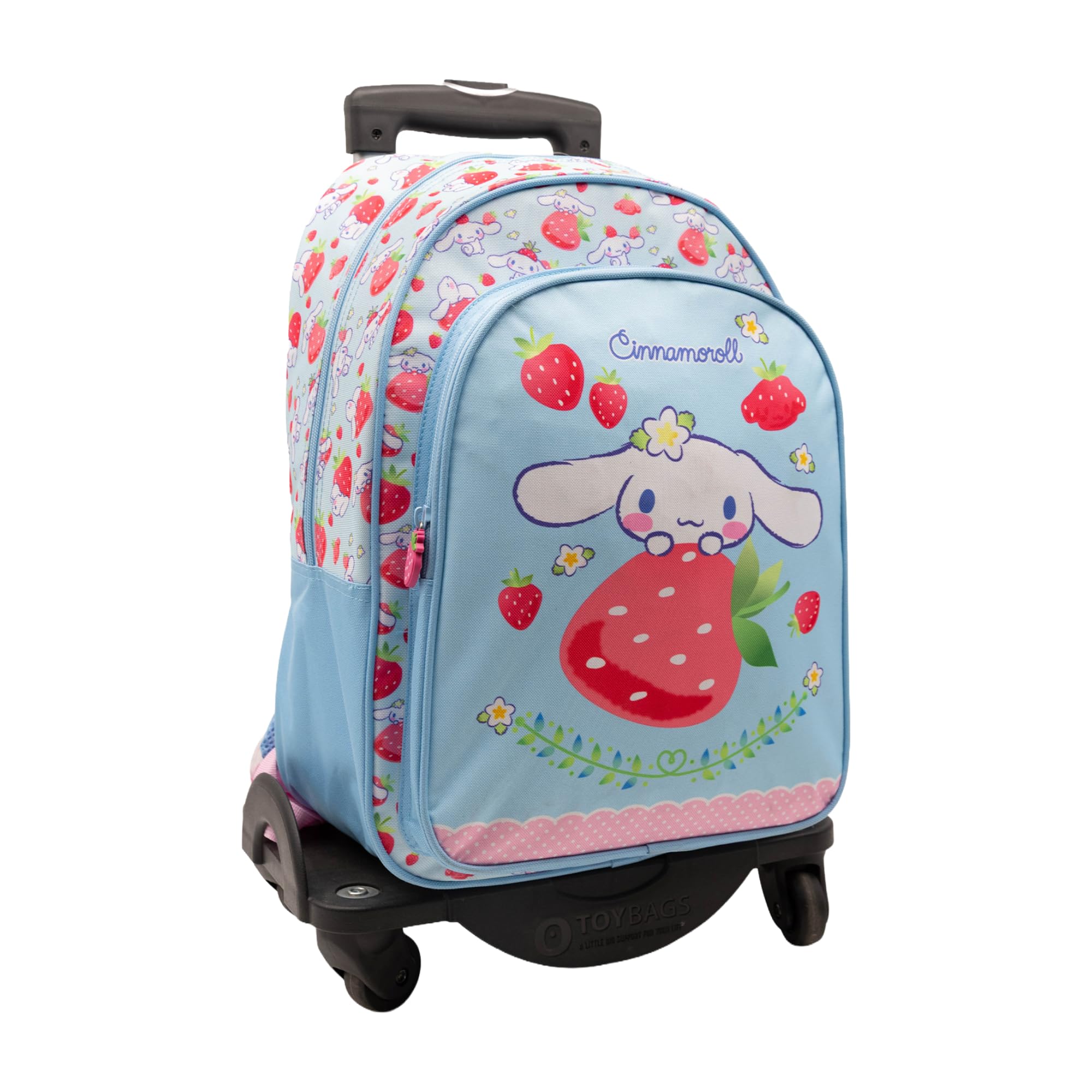 TOYBAGS Mochila Escolar Cinnamoroll -DOBLE COMPARTIMENTO-Compartimento portalaptop + CARRO NEGRO PROTECCION LATERAL Y STOPER FRONTAL 4 ruedas giratorias - 44 X 30 X 20 CM