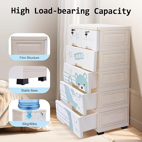 Miniatura 5 de Cómoda de plástico con 6 cajones, armario de almacenamiento con 6 cajones, cajones de armario, organizador alto para ropa, sala de juegos, muebles