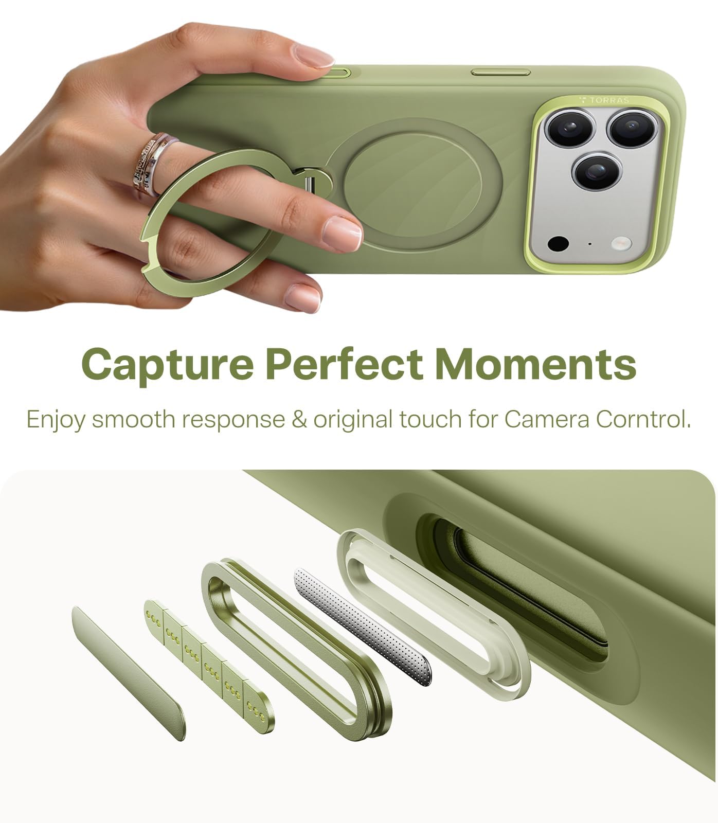 TORRAS Ostand Q3 Wind silicona funda para iPhone 17 Pro (actualización de sensación premium) superior silicona líquida duradera (360° soporte magnético) cámara protección contra caídas funda para