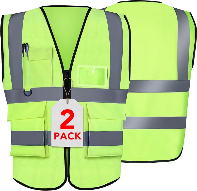 Chalecos reflectantes de seguridad para mujeres y hombres, chaleco de seguridad de alta visibilidad con bolsillos y chaleco de trabajo de construcción frontal con cremallera