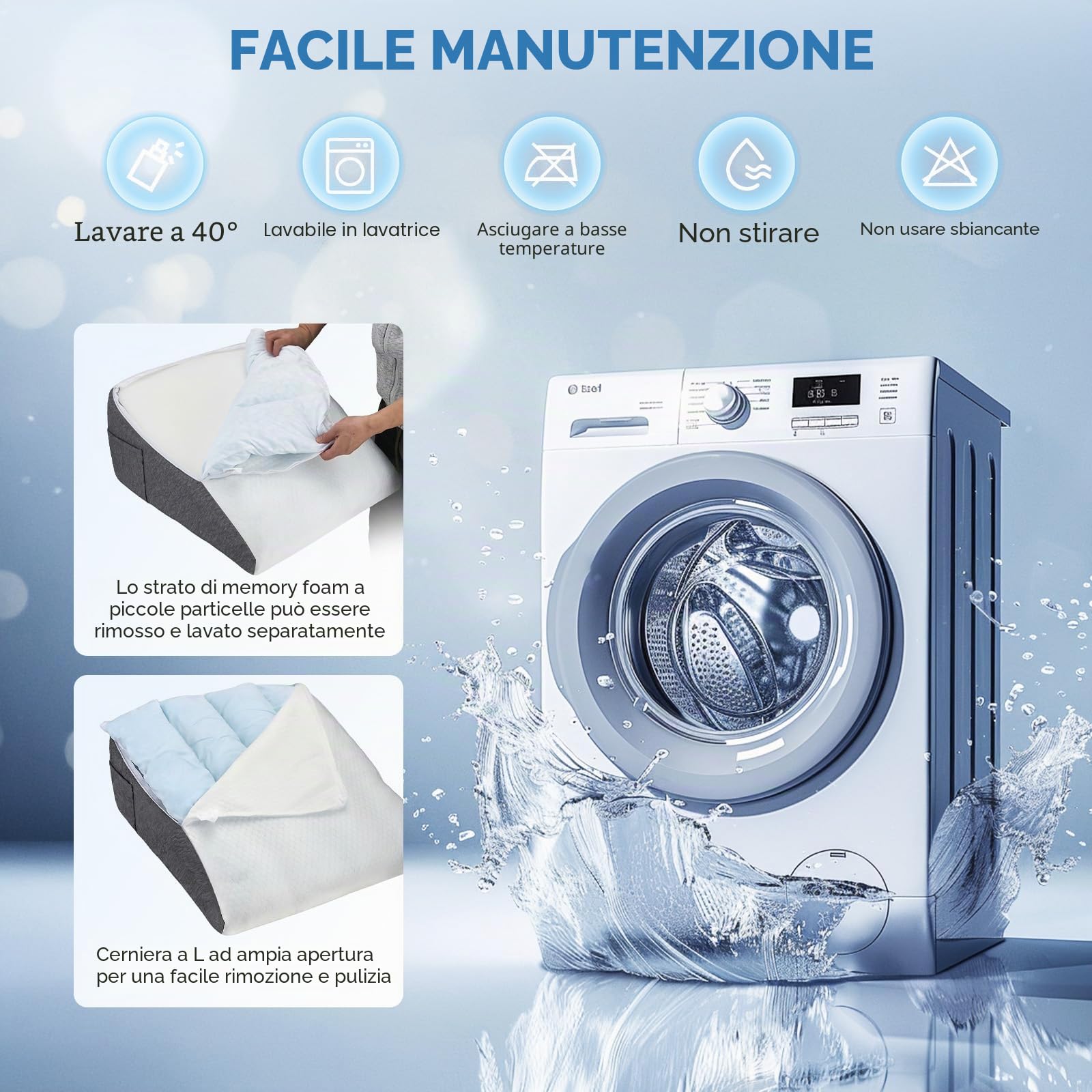 Cuscino a cuneo con strato in memory foam e cotone -Cuscino di supporto inclinazione regolabile in altezza e tasche laterali -Cuscino per dormire e leggere per divano e letto, bianco+grigio