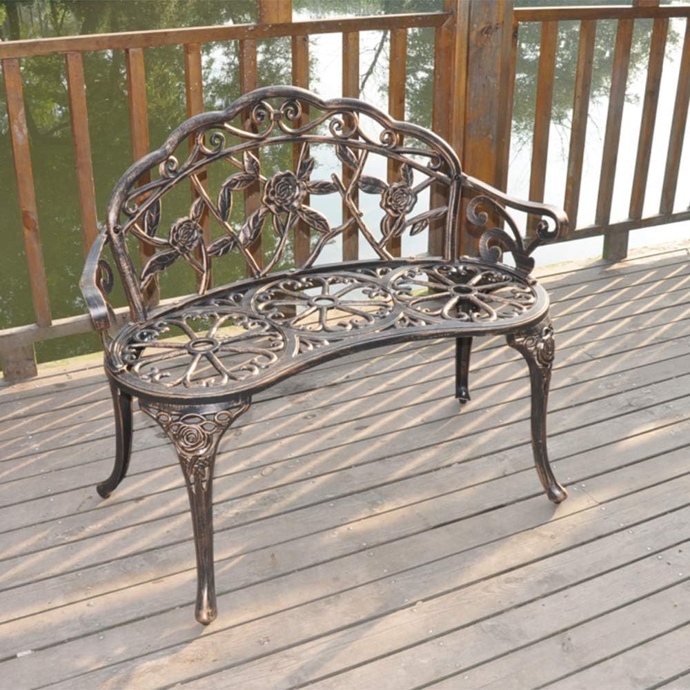 38.5" Outdoor Garden Bench Cast Aluminum Patio Park Bench Elegant Porch Deck Loveseat with Rose Pattern Backrest,Bronze