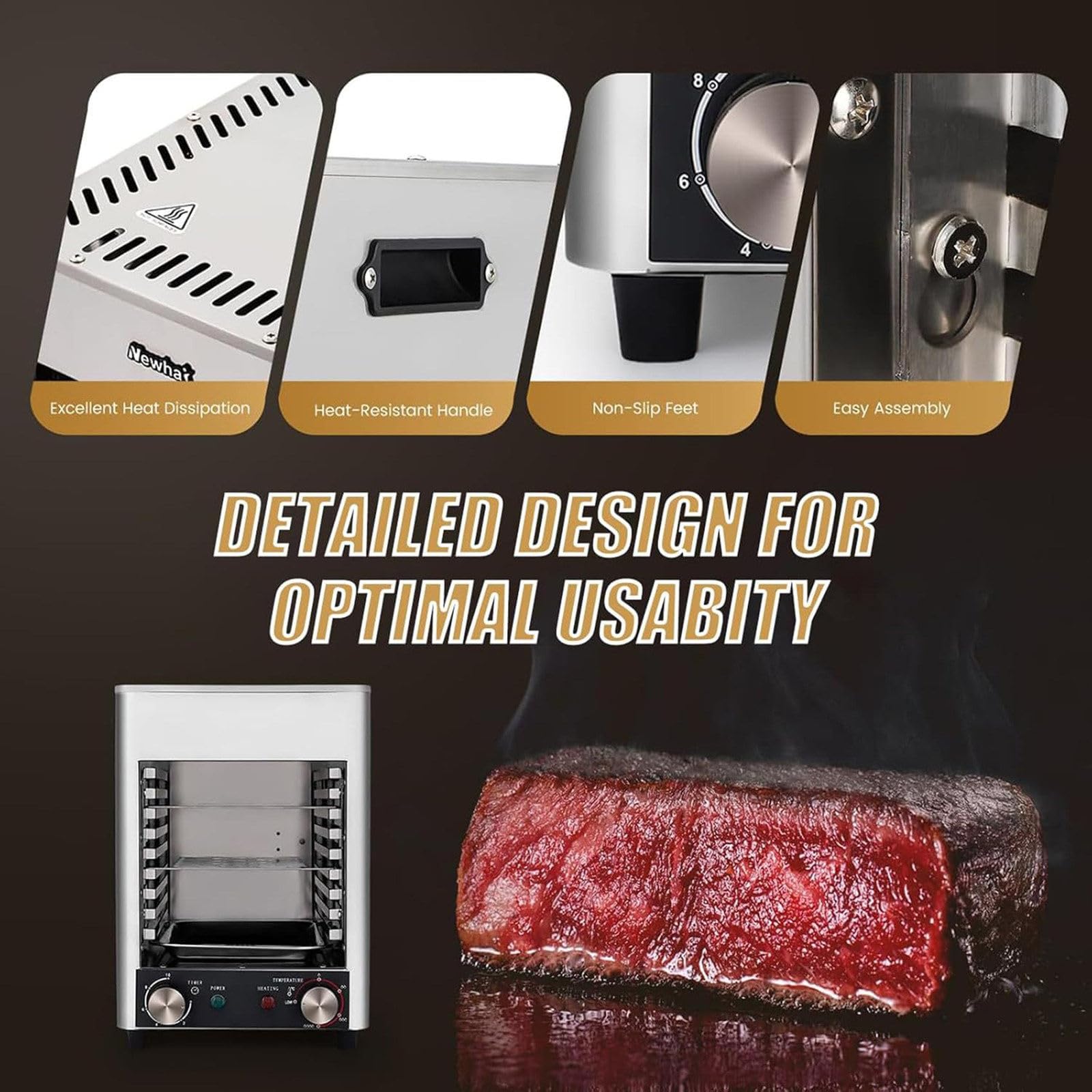 Parrilla eléctrica para carne, horno portátil de encimera, parrilla eléctrica sin humo, horno eléctrico comercial con temporizador de 10 minutos y ajuste de temperatura de 1,472.0 °F, horno 6