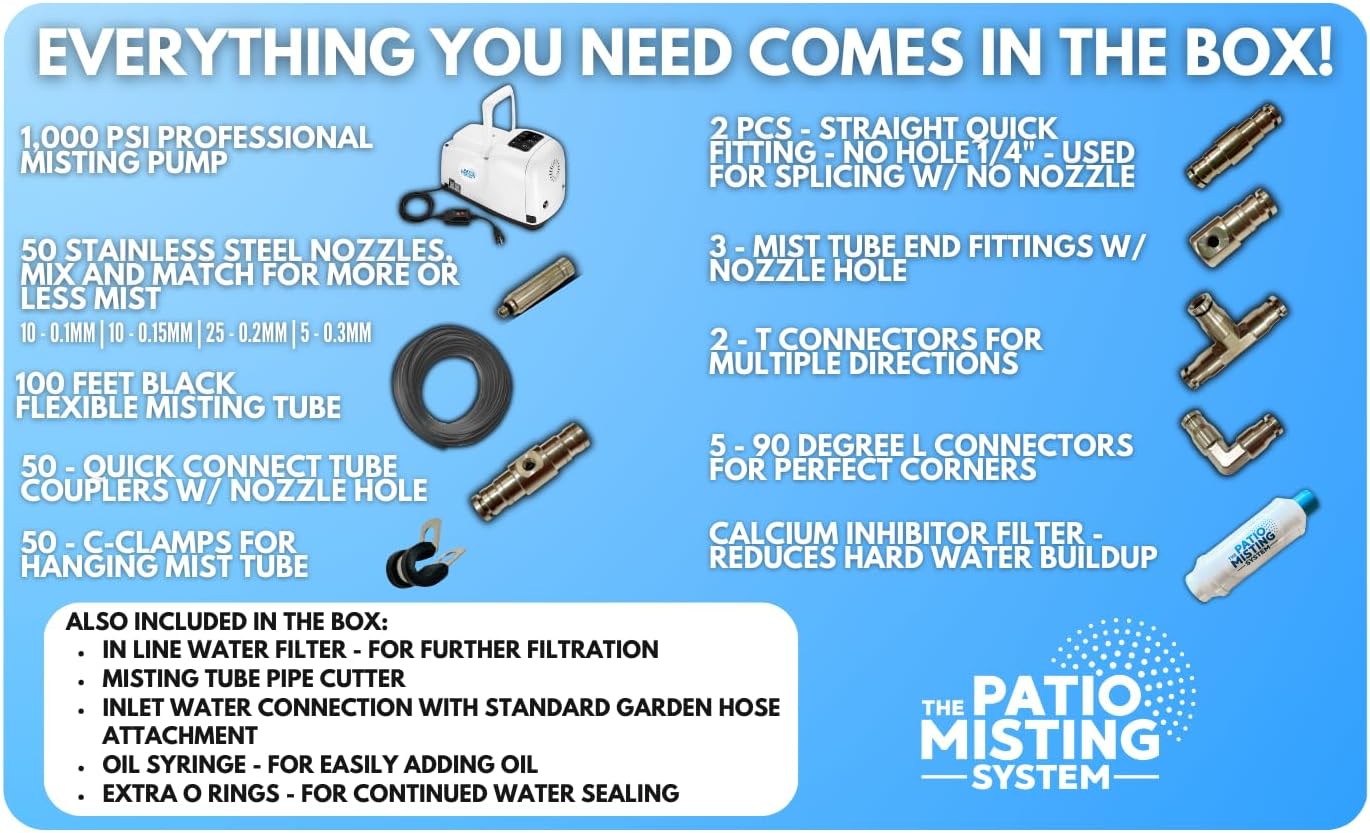 Patio Misters Pro - Ultra Fine Water Mister - Cooling Mist System for Midsize to Large Patio, Backyard, & Outdoor Spaces - Kit with Quiet Pump (1000 PSI) - DIY Installation