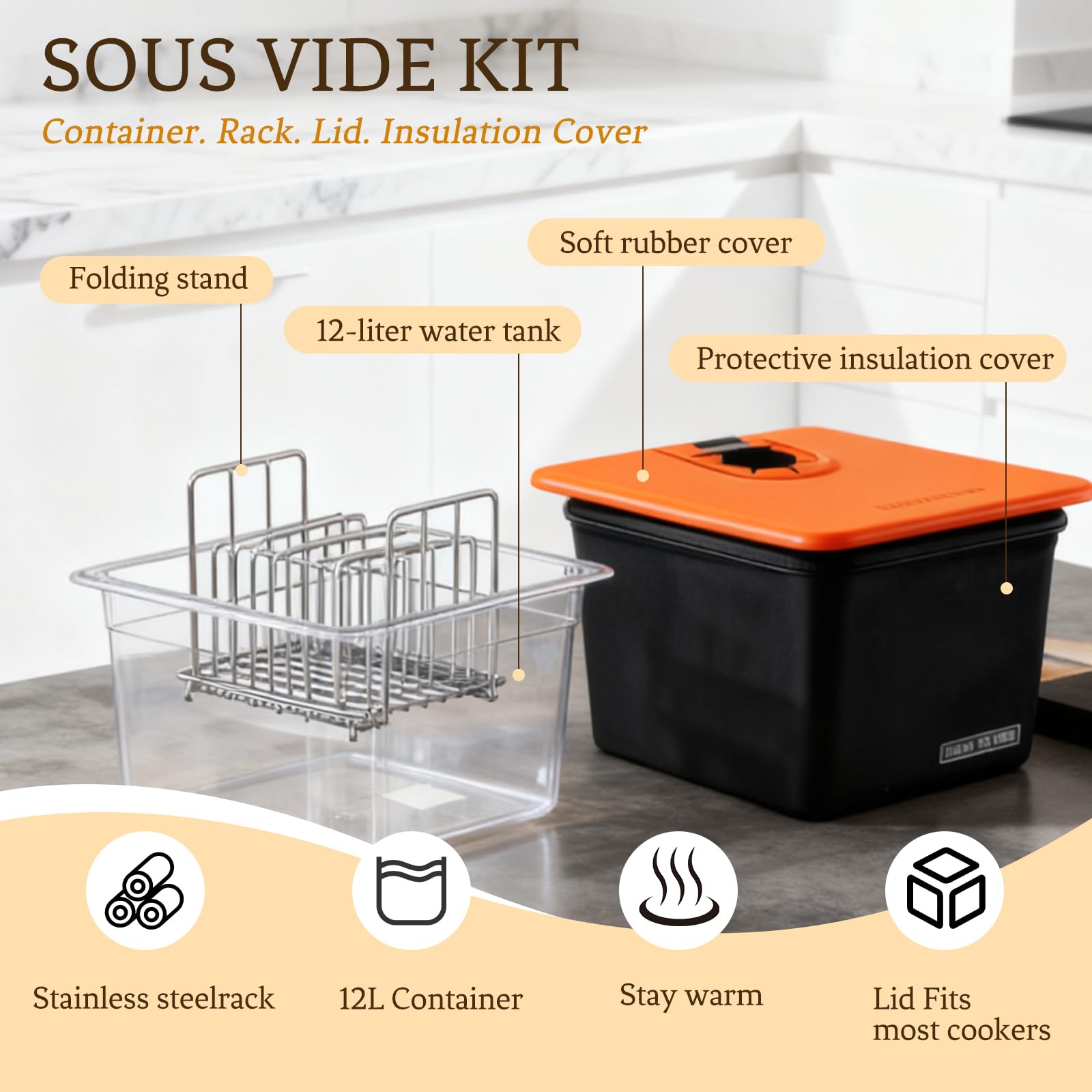 Recipiente Sous Vide de 12 l, contenedor con tapa y rack, armario de cocción al vacío a baja temperatura, para remojar, cocinar para uso en cocina, marinar carne, pollo, carne de res (sin BPA)
