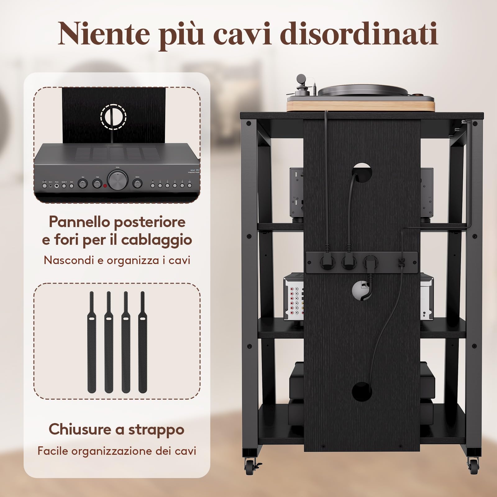 Lifewit Mobile Giradischi con 4 Ripiani, Mobile Hifi con Prese Elettriche e Luci a LED per Mobiletto Stereo Pergiradischi, Vinili Vintage, Casse Giradischi, 60 x 55 x 90 cm, Nero