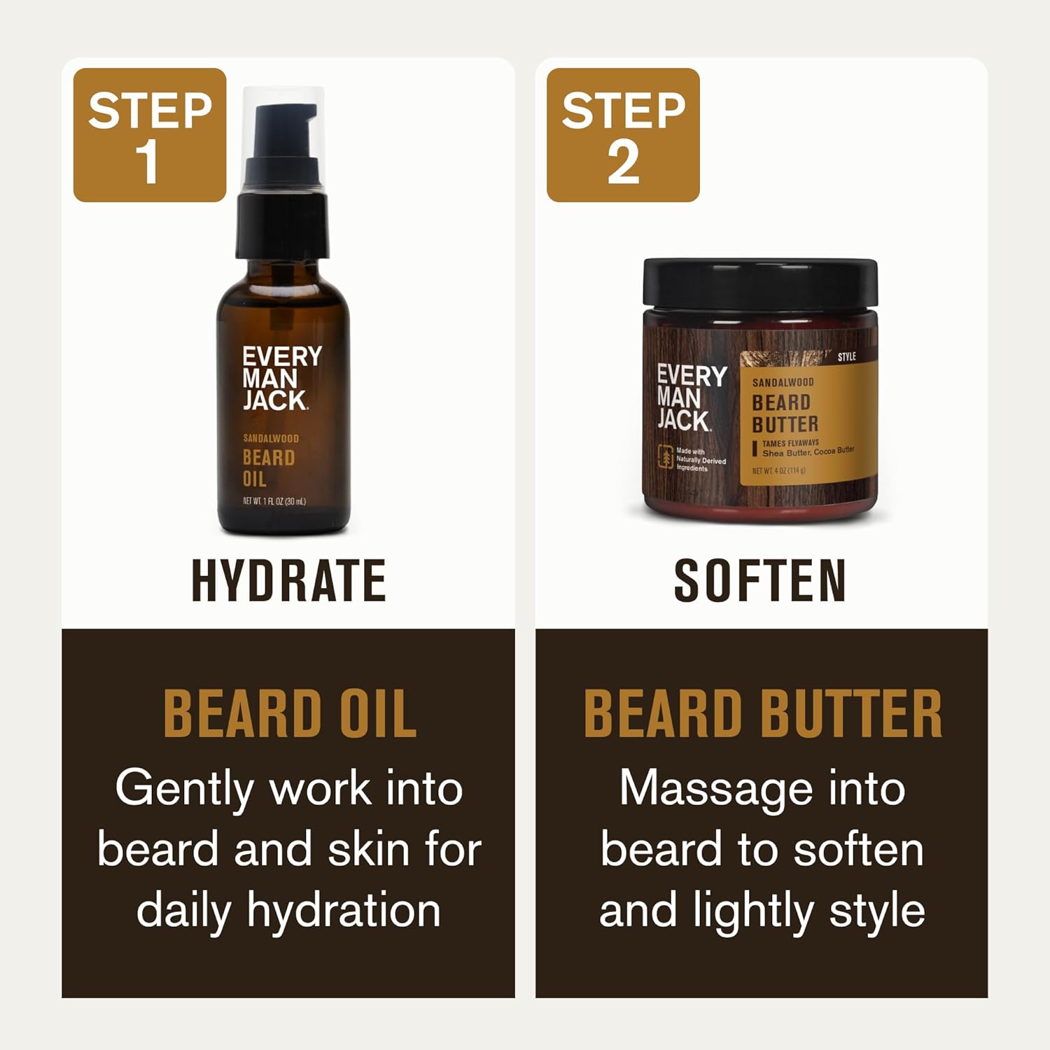 Every Man Jack Beard Oil & Beard Butter Bundle - Sandalwood Fragrance - Rejuvenates, Hydrates & Styles Dry Beards - Naturally Derived with Cocoa Butter and Shea Butter - Image 4