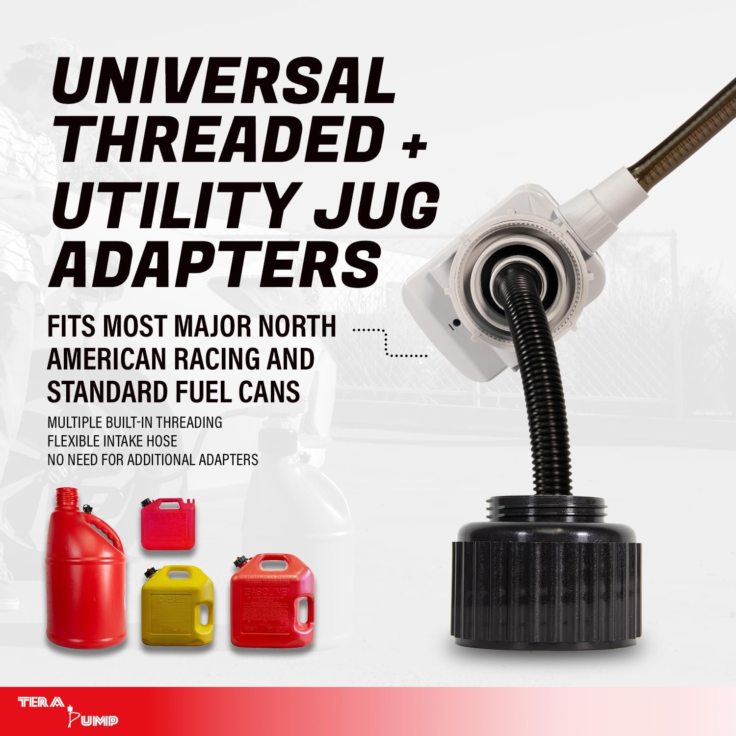 TERA PUMP TRFA03-XL Universal Gas Can Adapter Cap Battery Powered Fuel Transfer Pump (2.3 GPM) No Spill Sensor, 4.27 ft Vinyl Hose, Utility Jug Adapter, Power Nozzle, 4x AA Power - Image 4