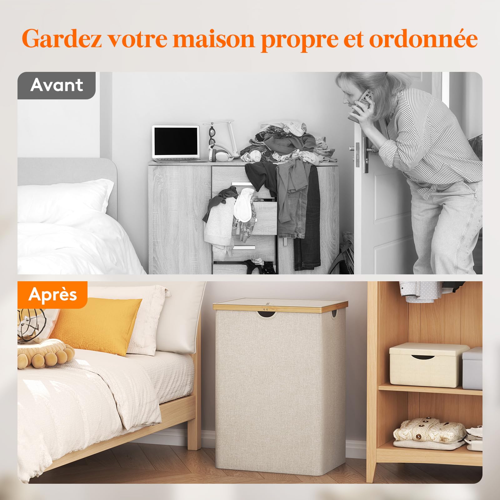 Lifewit Panier a Linge en Bambou, Corbeille a Linge Pliable avec Couvercle, Grand Bac a Linge avec Sacs Amovibles pour Chambre, Salle de Bain, Buanderie, 160 L, Beige