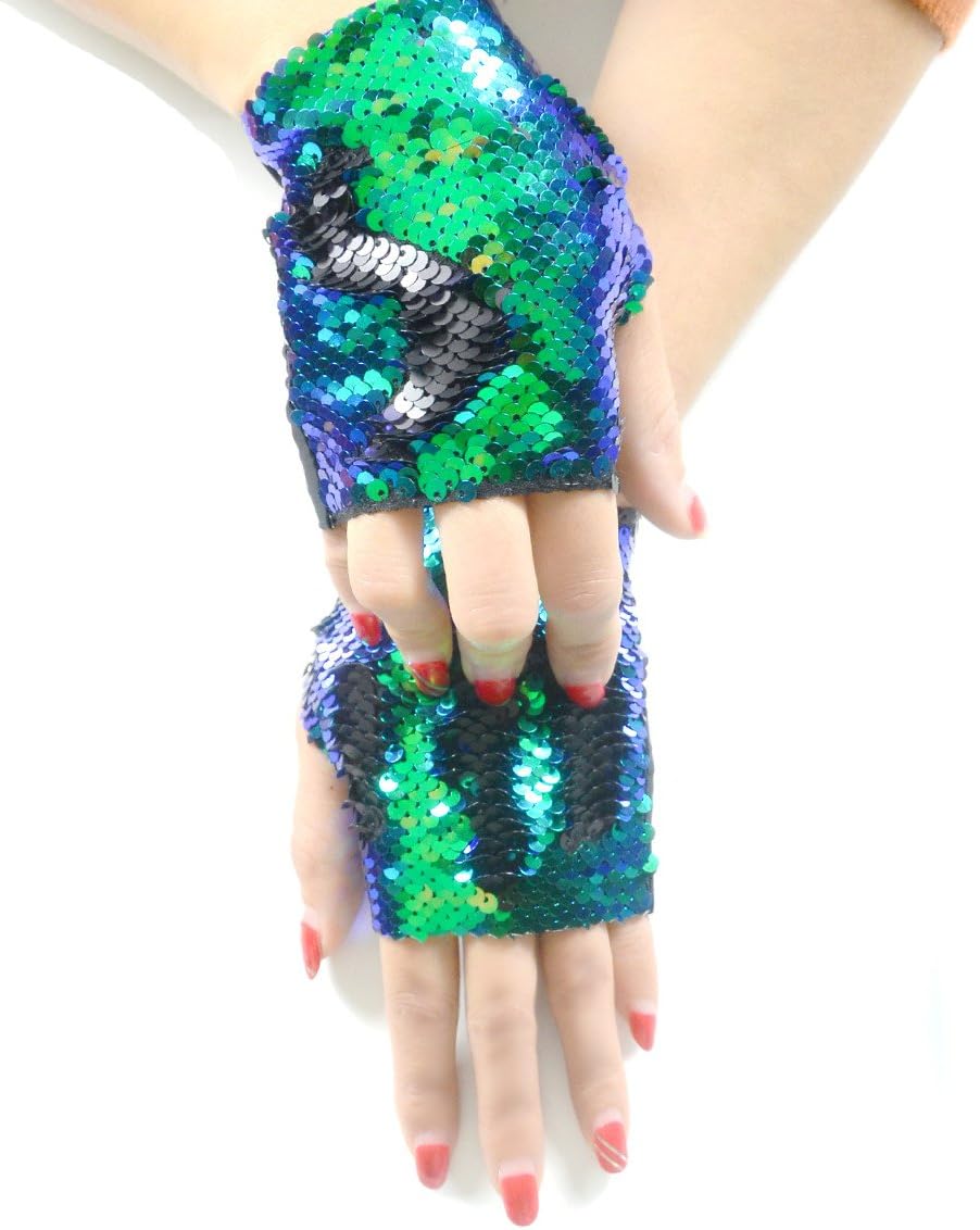 Sequin Gloves,Reversible Mermaid Fingerless Gloves Dance Party Favor Bracelet (black-green)