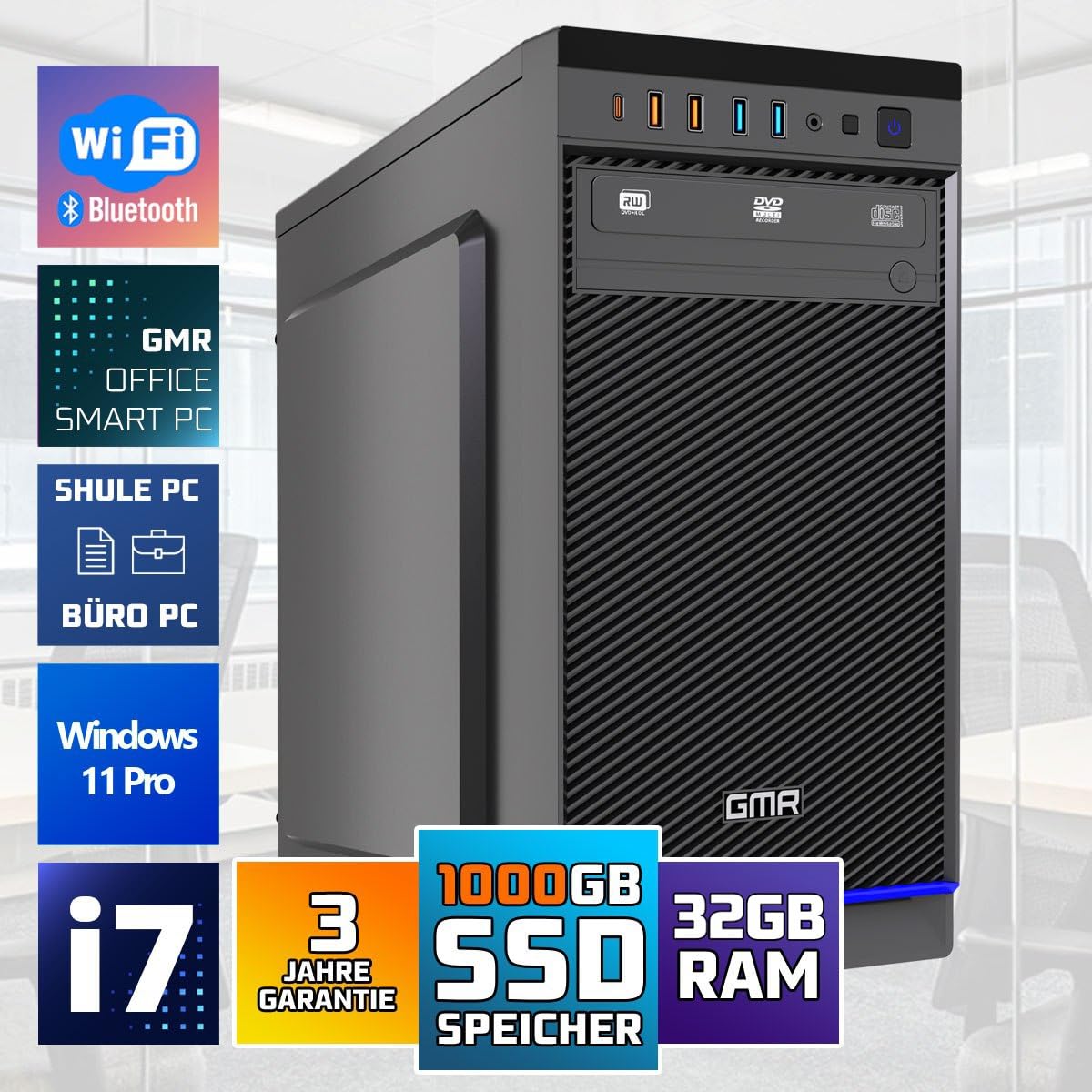 GMR Komputer stacjonarny Ultra Desktop – Intel i7, Windows 11 Pro, 32 GB RAM, 1000 GB SSD, USB 3, WiFi, Bluetooth, Office PC z DVD, 3 lata – komputer stacjonarny z systemem Windows 11