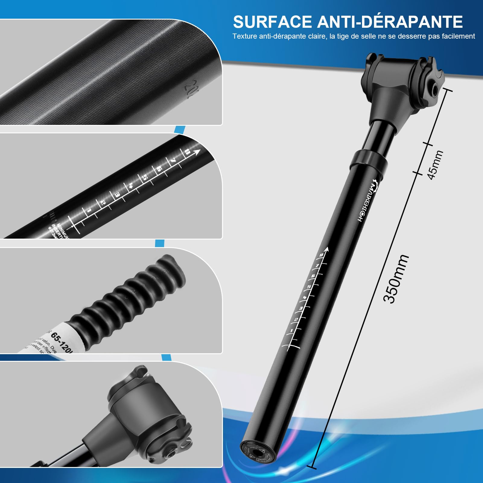 MAIKEHIGH Tige de Selle Suspendue, Alliage D'Aluminium Tige de Selle | 27,2/30,9/31,6mm avec 2 Adaptateurs 2 Ressorts pour VTT, Vélo de Ville, Vélo de Route, Vélo électrique