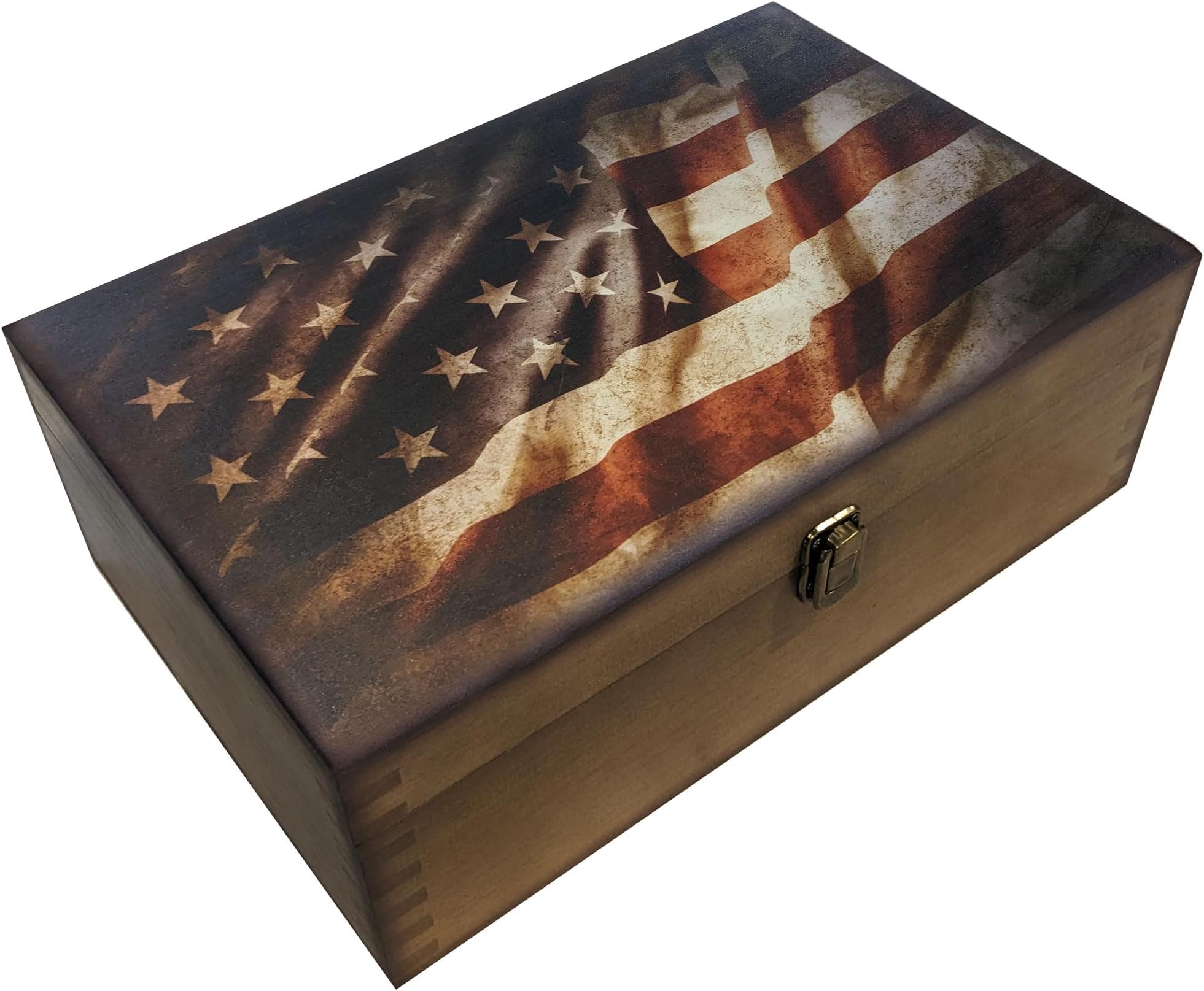 Rustic Flag Wooden Keepsake Box, Large Memory Box for Keepsakes, Decorative Storage Box for Memories, Jewelry, & Photos, Memorial Boxes for Men & Women