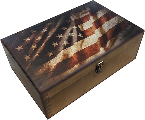 Miniatura 1 de Caja de recuerdos de madera con bandera rústica, caja de memoria grande para recuerdos, caja de almacenamiento decorativa para recuerdos, joyas y