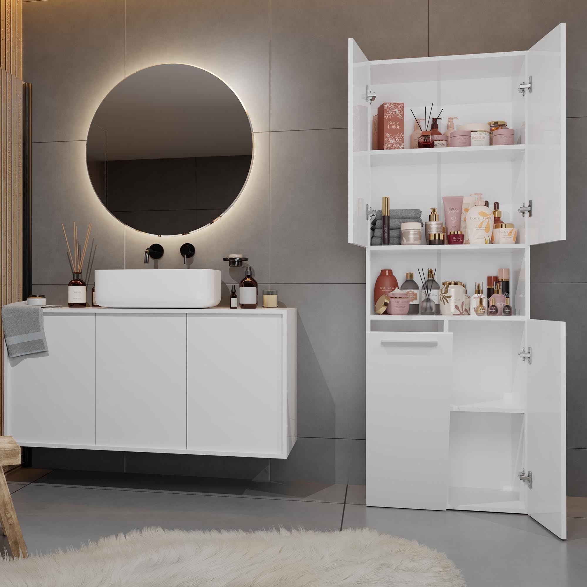 CDF Armoire Haute Salle de Bain Meuble Colonne de Salle de Bain Armoire de Rangement à 4 Portes avec Etagère Réglable pour Salon Cuisine - 60x30x174 cm Blanc - 1 Panier à Linge