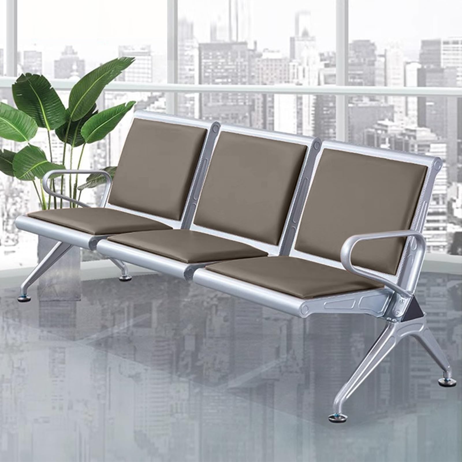 AYCDL 3-Seat Waiting Room Chair Airport Reception Bench with Backrest and Armrests Faux Leather Office Reception Seat for Bank School Lobby,Brown,Gray