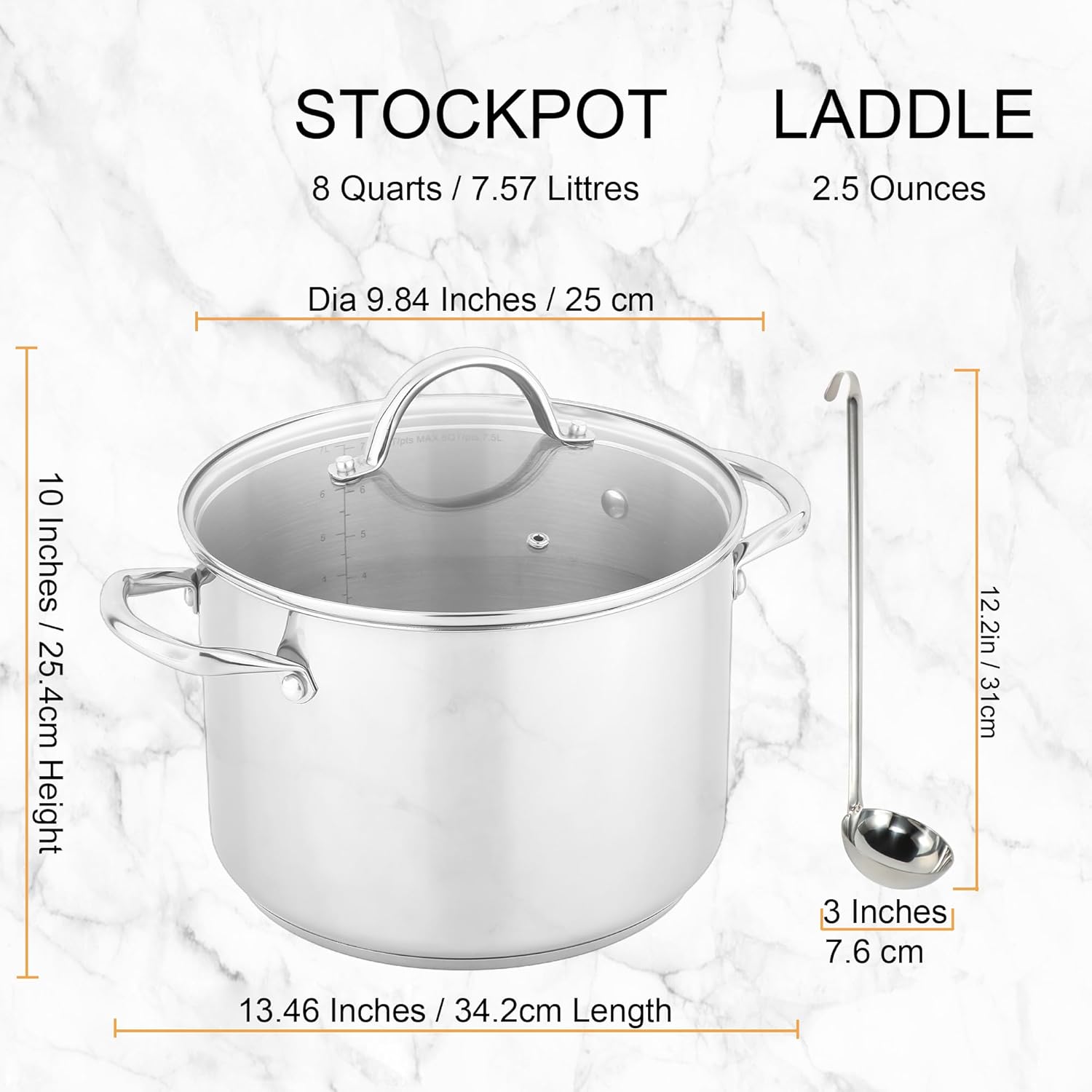 GreatChef Stock Pot Stainless Steel for Cooking Riveted Handle, Heavy Duty Vessel,Induction Compatible All Cooktops in Use, Dishwasher & Oven Safe (8 Quart + Laddle))