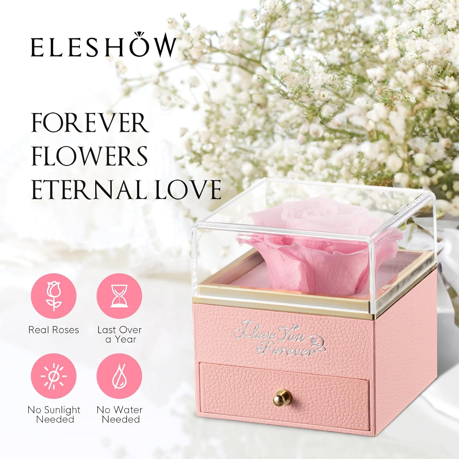 EleShow Preserved Flowers Real Pink Rose Gifts for Mom Grandma Wife Girlfriend at Christmas Valentines Mothers Day, Anniversary Birthday Gifts for Women I Love You Gifts for Her