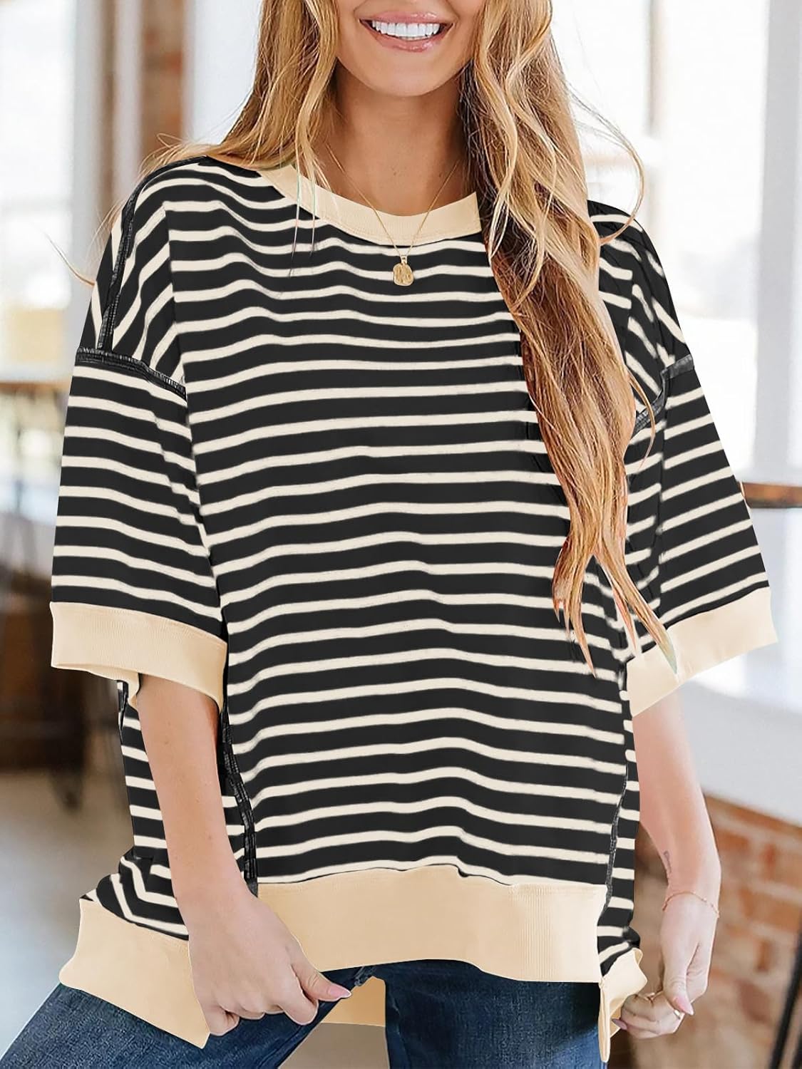 Poetsky Womens Oversized Tops Casual Short Sleeve Striped Shirts Summer Crewneck Pullover Sweatshirt Loose Blouses - Image 2
