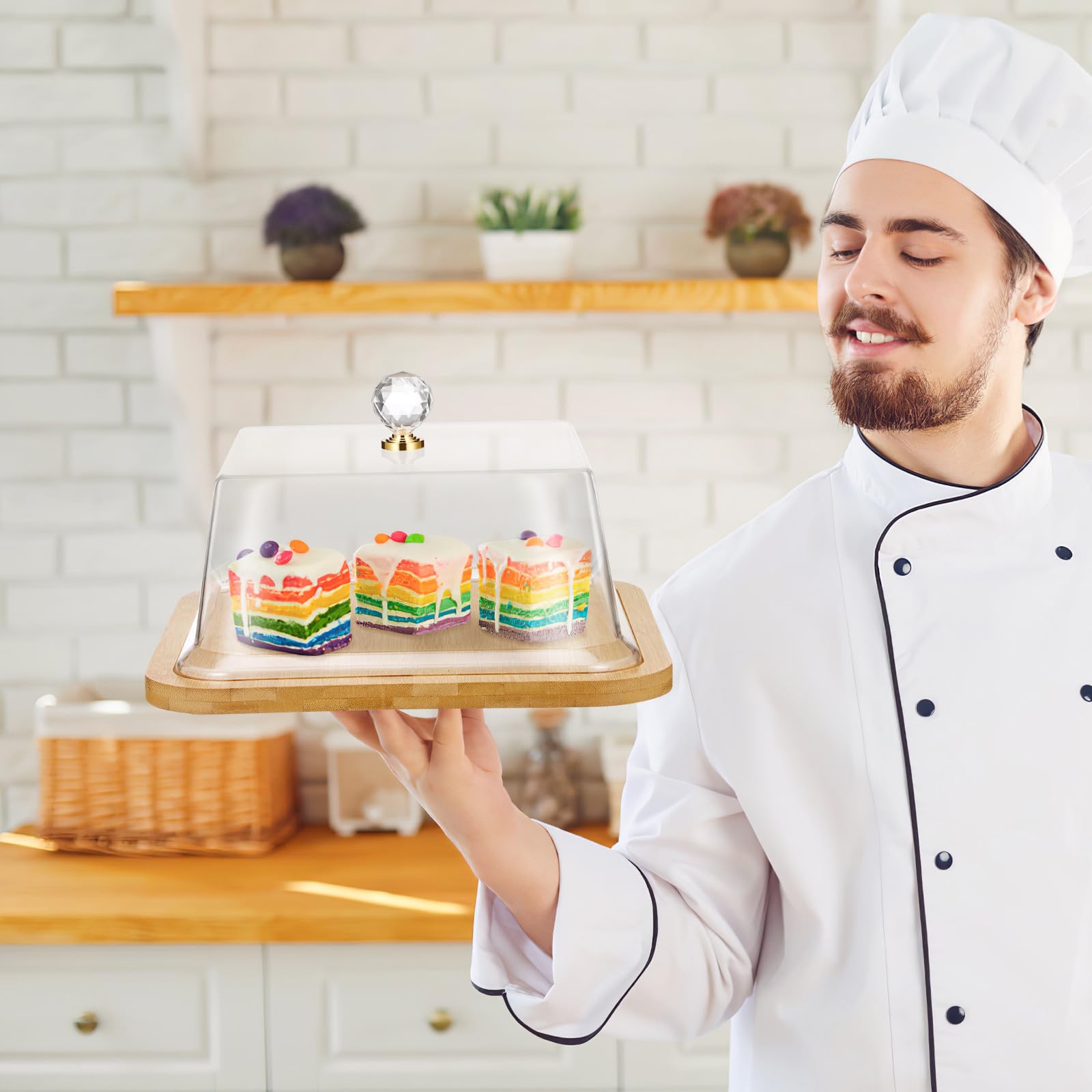 FOMIYES Kuchenform mit Deckel aus Transparentem Acryl Holzsockel Quadratisch für Buffet und Eventservice