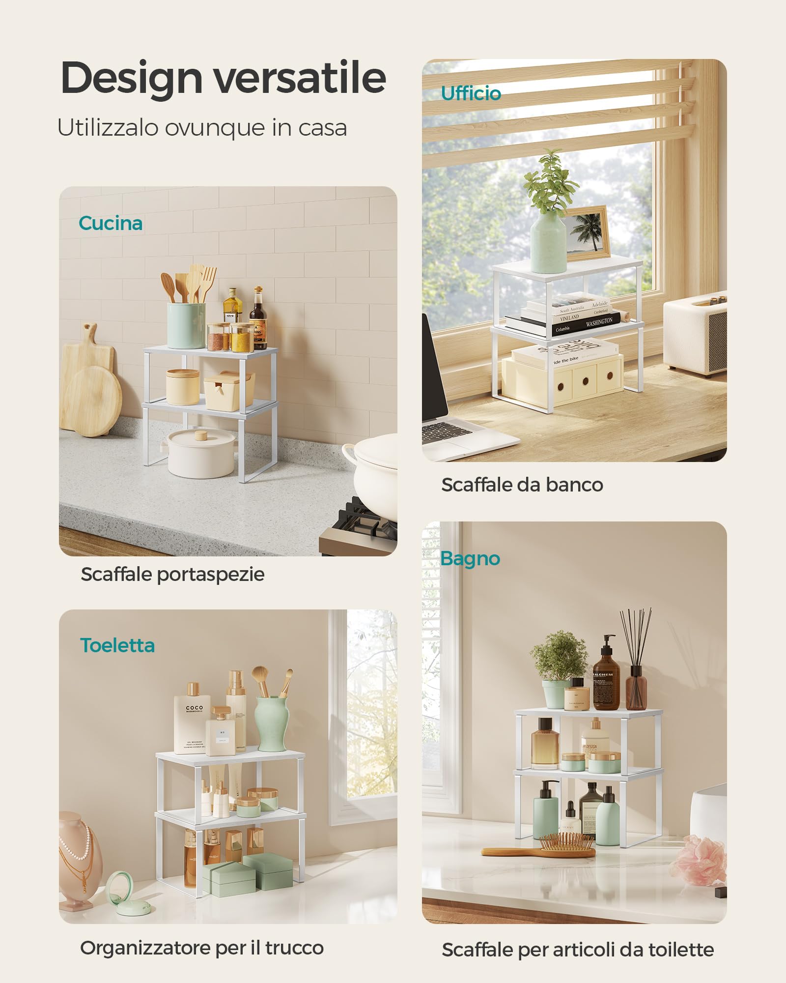 SONGMICS Organizzatori da Cucina Set di 4 Scaffali da Banco Portaoggetti Impilabile Espandibile Metallo Legno Ingegnerizzato Bianco Nuvola Bianco Neve KCS027W01