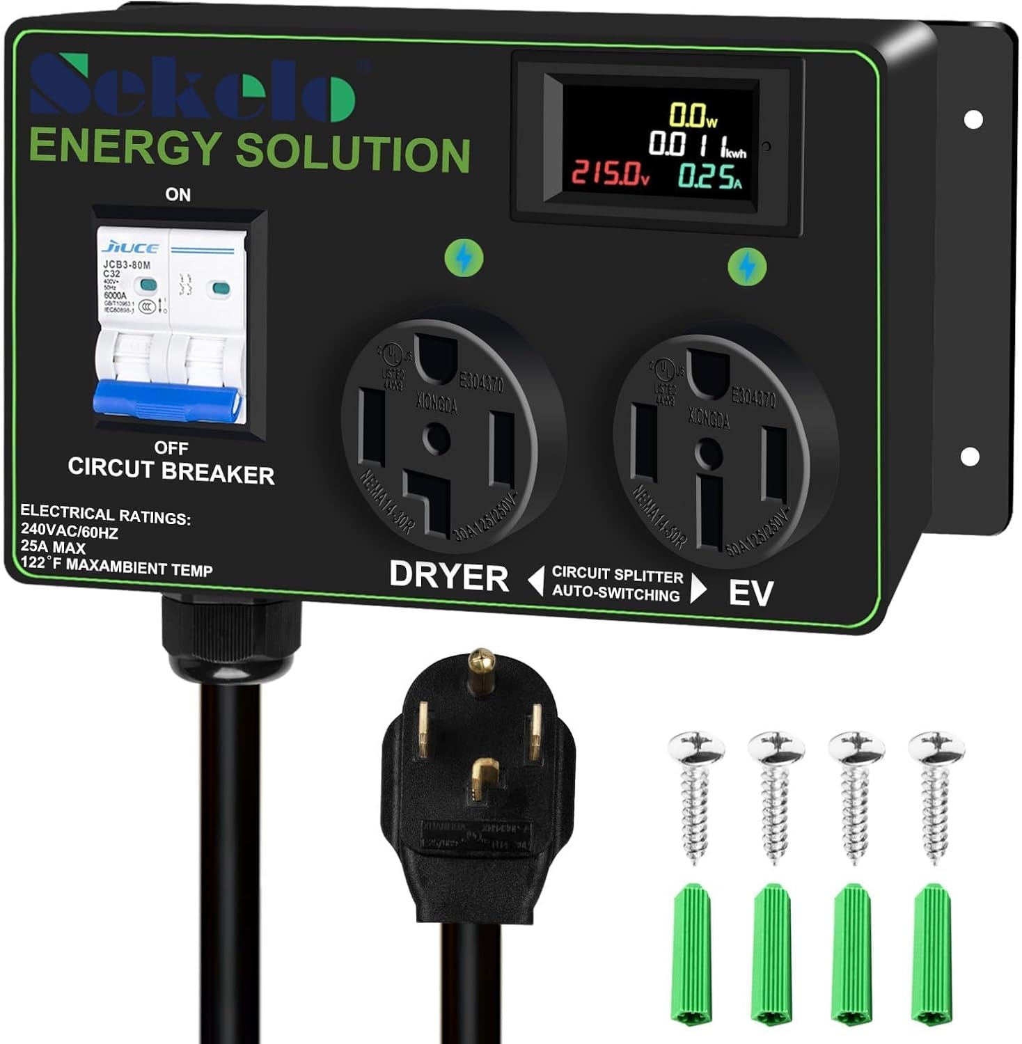 Smart EV Charging Integration: Sekelo Automatic Power Switch for Dryer & EV, NEMA 14-30P to 14-30R & 14-50R, 240V, 24A 5.76kW Max Power Splitter, Fast Charging, Real-time Display