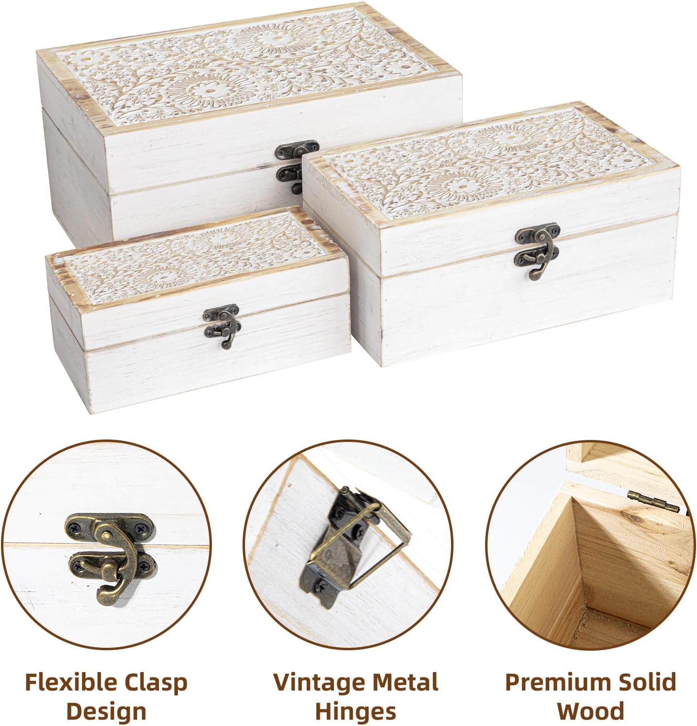 Set of 3 Decorative Wooden Boxes, Rustic Farmhouse Keepsake Box Decorative Boxes with Hinged Lid and Floral Carved Design, Wood Storage Box for Home Decor, White
