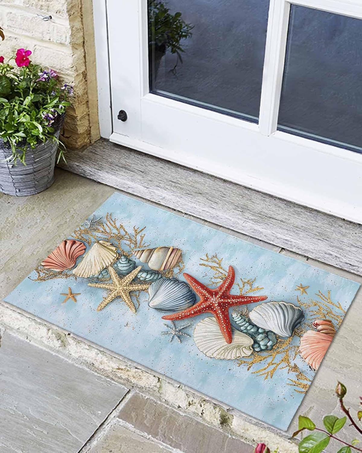 Front Doormat Indoor Outdoor Entrance Rug, Summer Beach Starfish Sea Shell Coral* Non-Slip Door Mats Low Profile Patio Porch Entryway Rugs, 18"x30" Marine Life Blue Gold