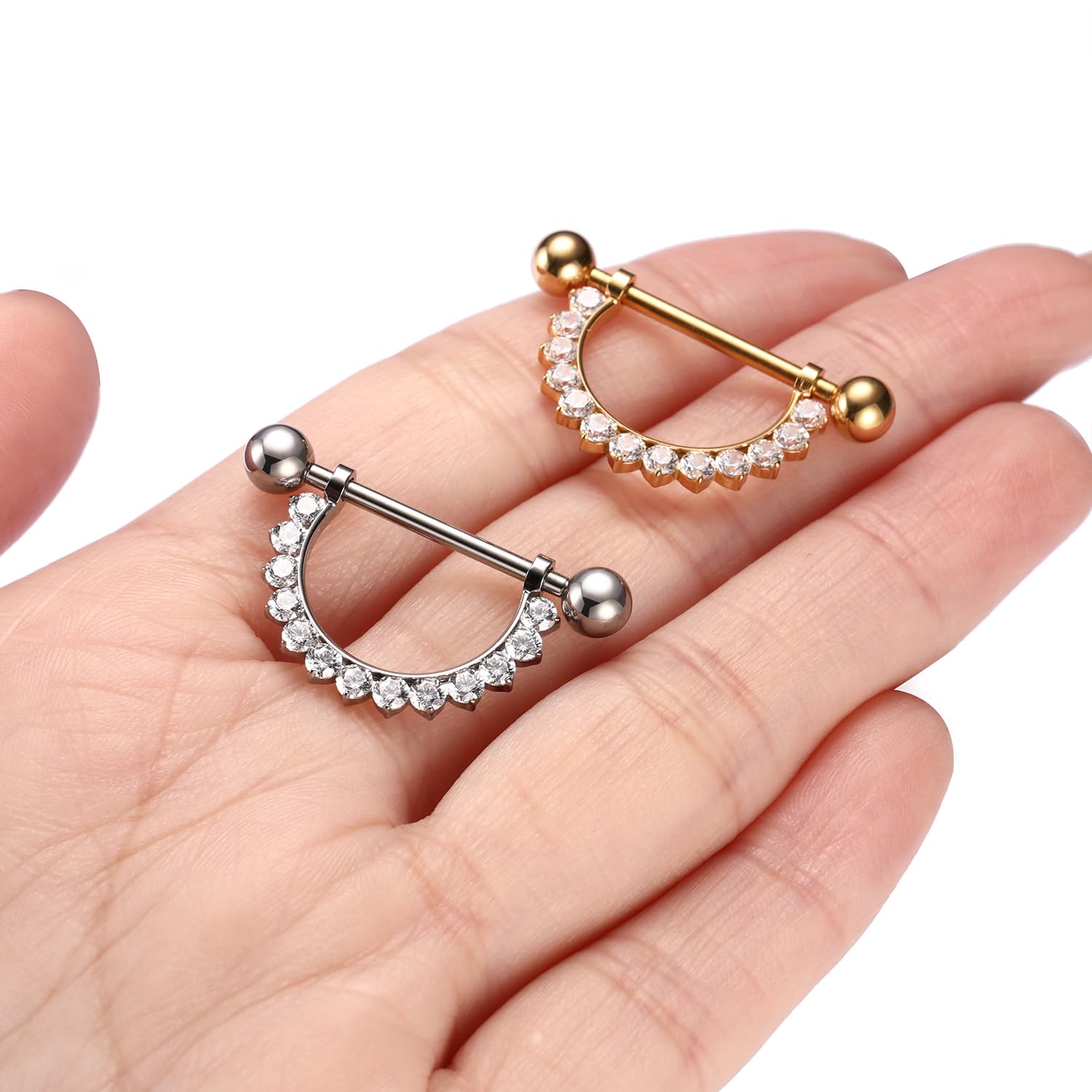 GAGABODY Paire d'anneaux de téton G23 en titane 14 G en forme de D filetés à l'intérieur ronds transparents CZ barre droite pour téton pour homme et femme