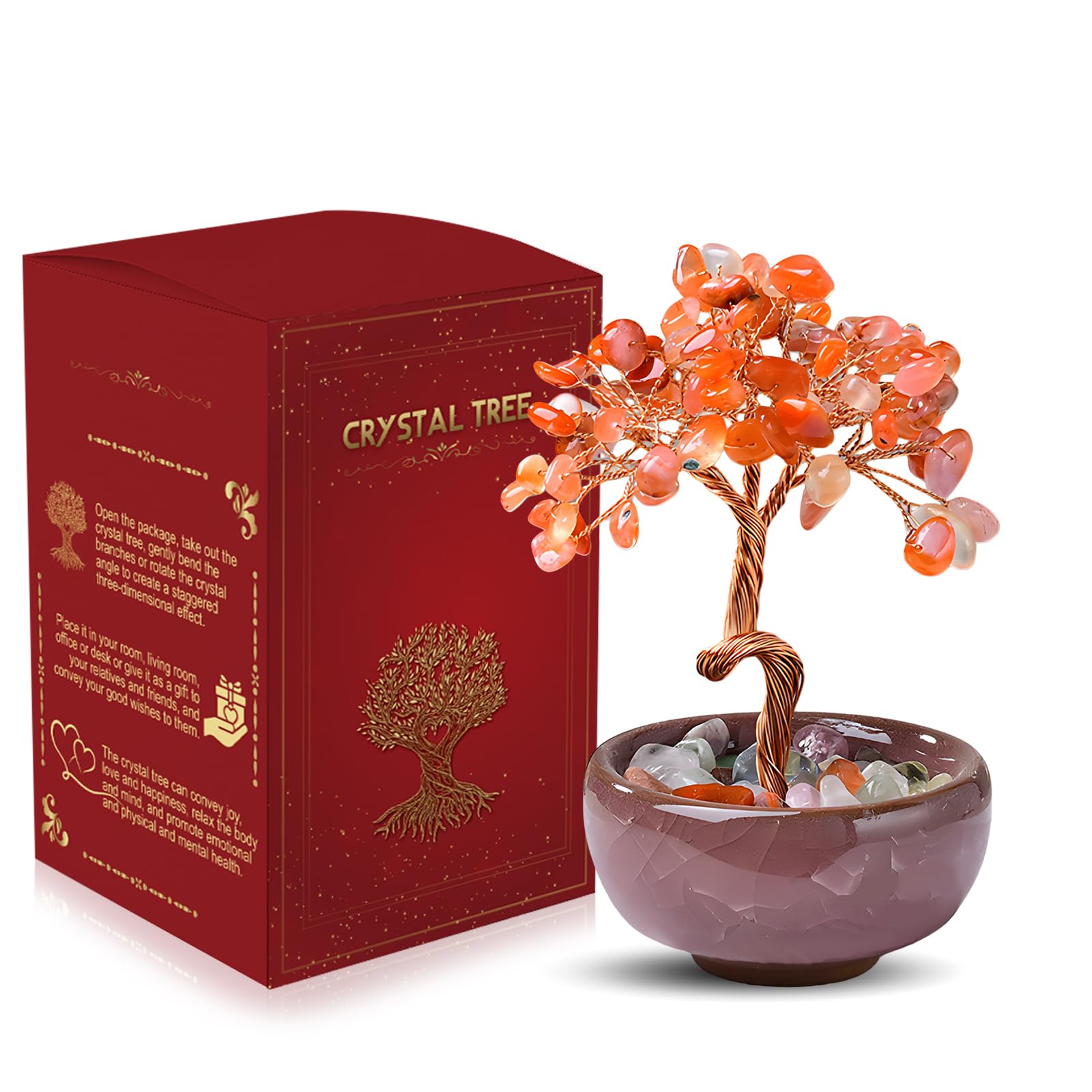WEILAOK Crystal Tree of Life, Red Agate Crystal, Red Chakra Tree, Gemstone Tree, Money Tree with Ceramic Flower Pot, Tree of Life Gifts for Womens, Fengshui Ornament for Home Office Room House