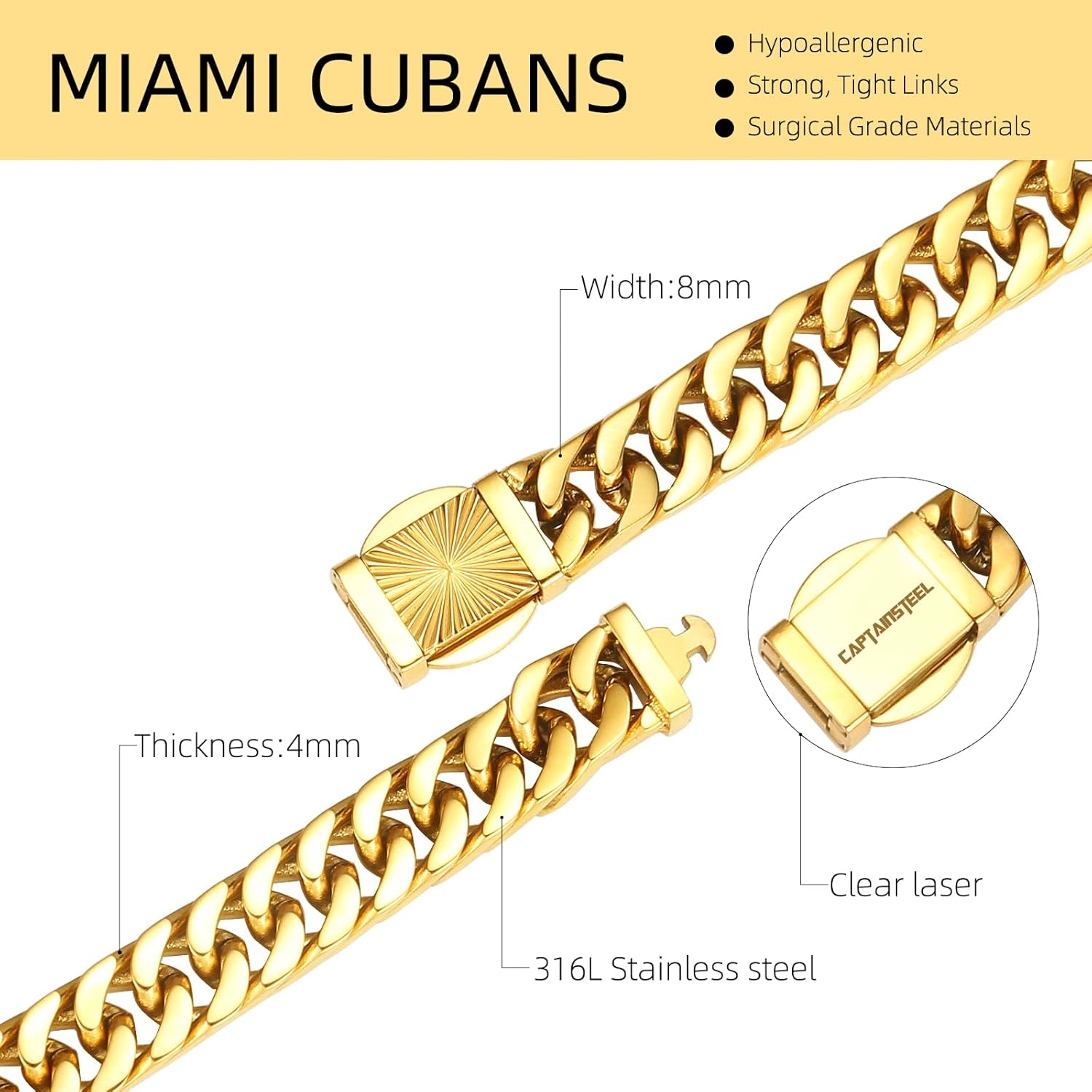 CaptainSteeL Cuban Link Chain for Men- 316L Stainless Steel 8MM Width Fashion Pattern Snap Button Hip Hop Jewelry,Chain for men 18K Gold Plated/Silver with Gift Box - Image 2