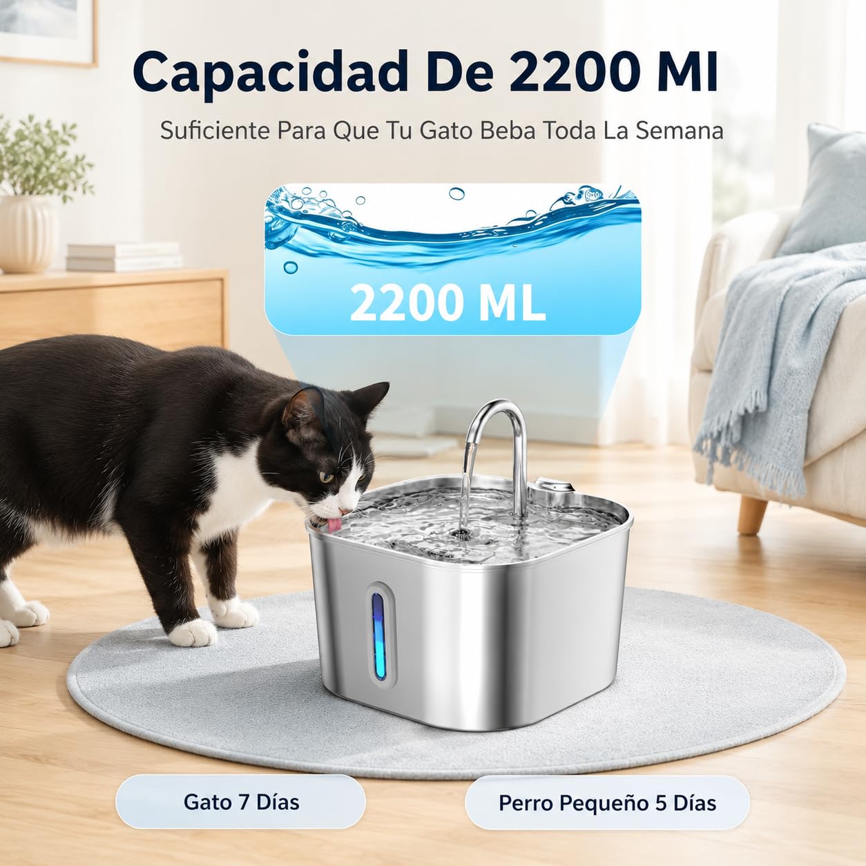 Cat Vitalis Fuente Gatos Acero Inoxidable - Fuente para Gatos de Acero Inoxidable 2,2 L con Filtro y Bomba Silenciosa para Agua Fresca (1 Artículo)