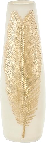Deco 79 Polystone - Jarrón decorativo de hojas con relieve de hojas doradas, florero para decoración del hogar, 7 x 5 x 20 pulgadas, color crema
