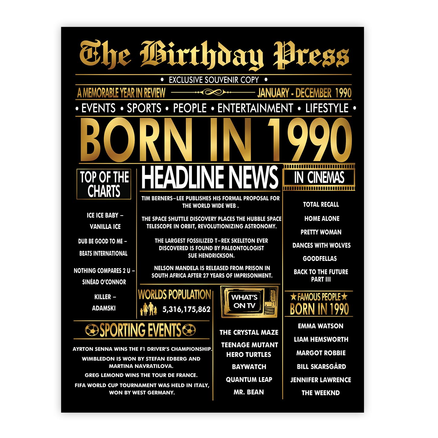 Stuff4 Gold 36th Birthday Poster Unframed - Golden Born In 1990 Newspaper - Happy 36 Birthday for Men Women Retro Vintage Gifts Back In 1990, 8x10 Inch Bday Party Decor Decoration