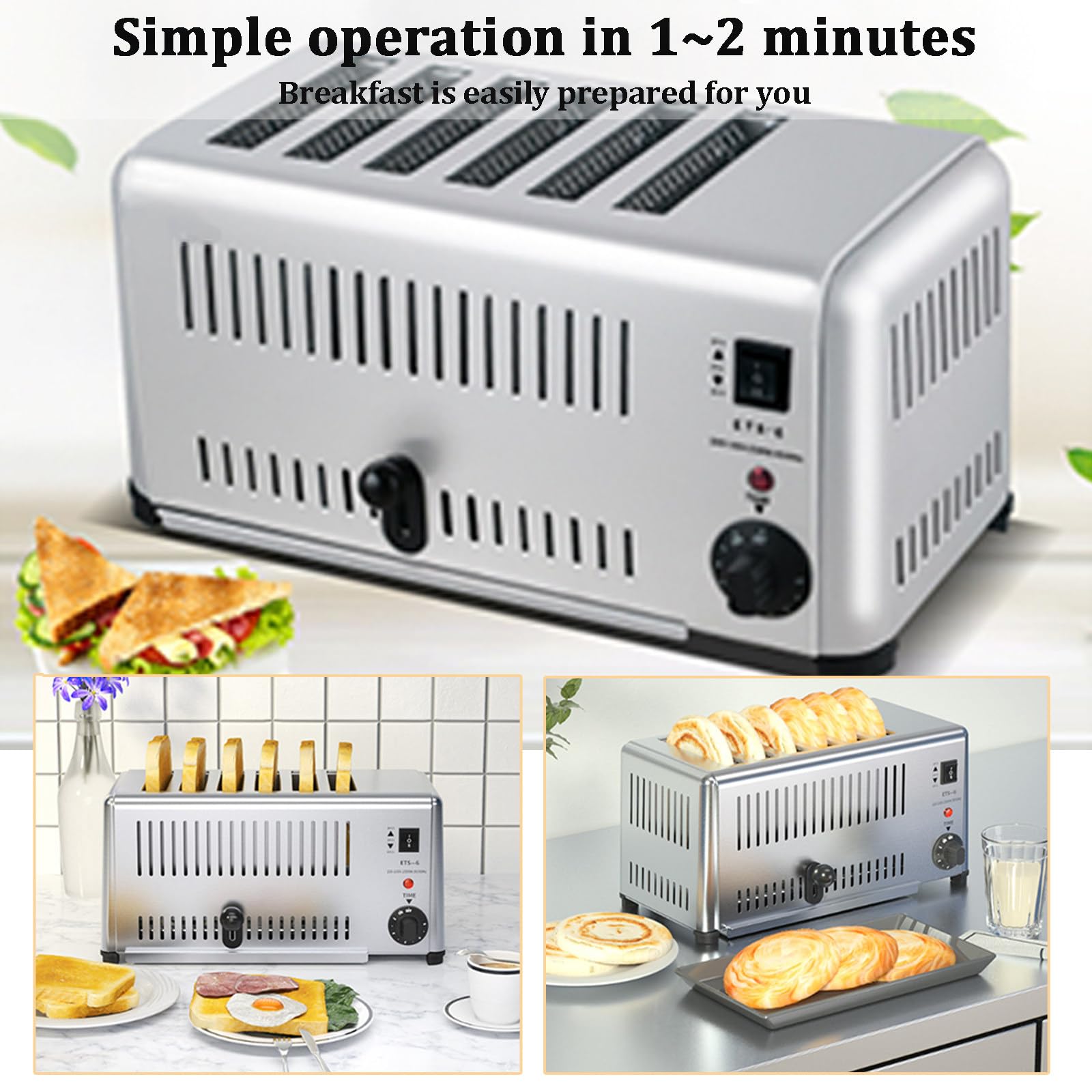 Tostadora De Pan De Ranuras Anchas Con 5 Configuraciones De Tostado, Tostadora De Acero Inoxidable, Bandeja Para Migas ExtraíBle, FuncióN De CancelacióN/DescongelacióN,Sixpieces