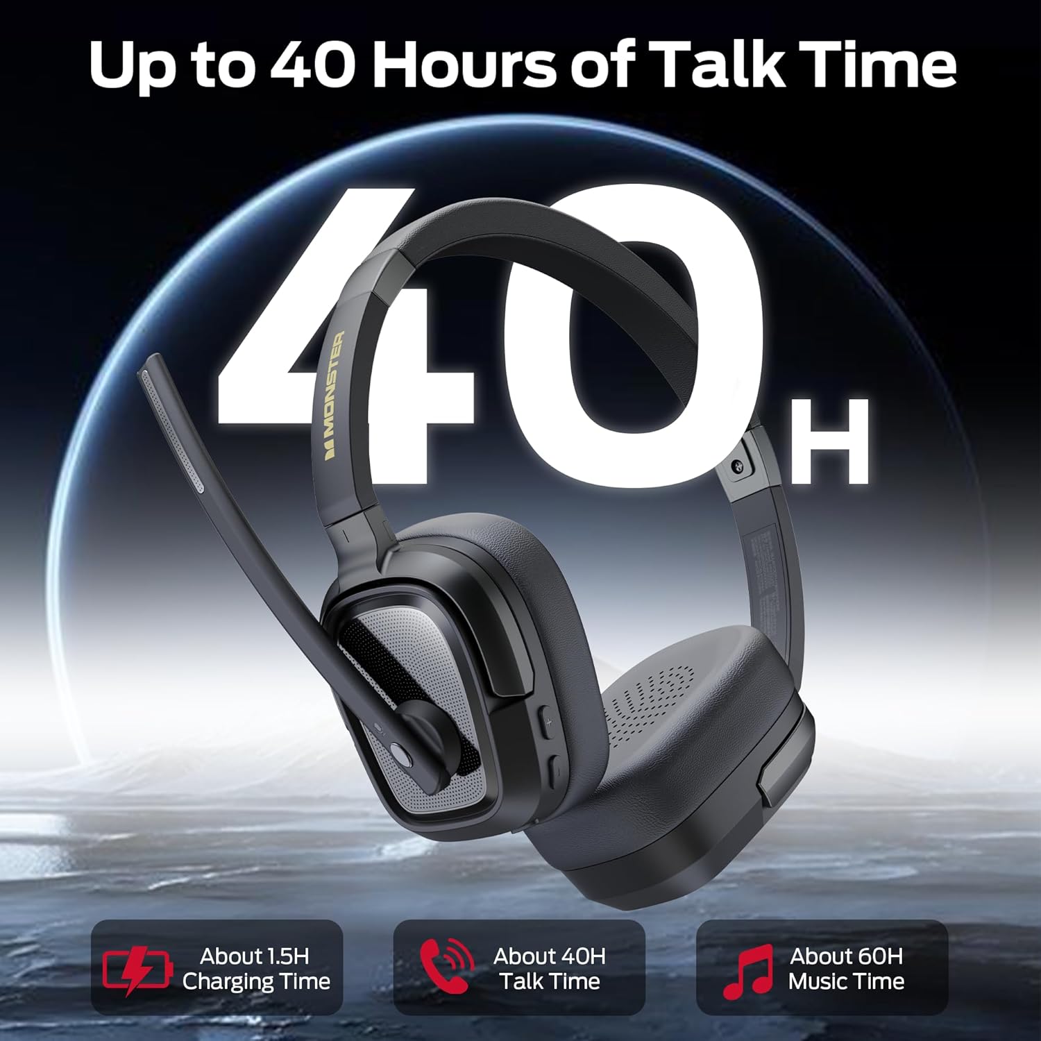 Monster VoiceLink 200 Wireless Headset with Mic for Work, Bluetooth V5.4 Headphones with AI Noise Cancelling Mic & USB Dongle, 60H Playtime & Mic Mute for Computer/Laptop/PC/iPhone/Android - Image 6