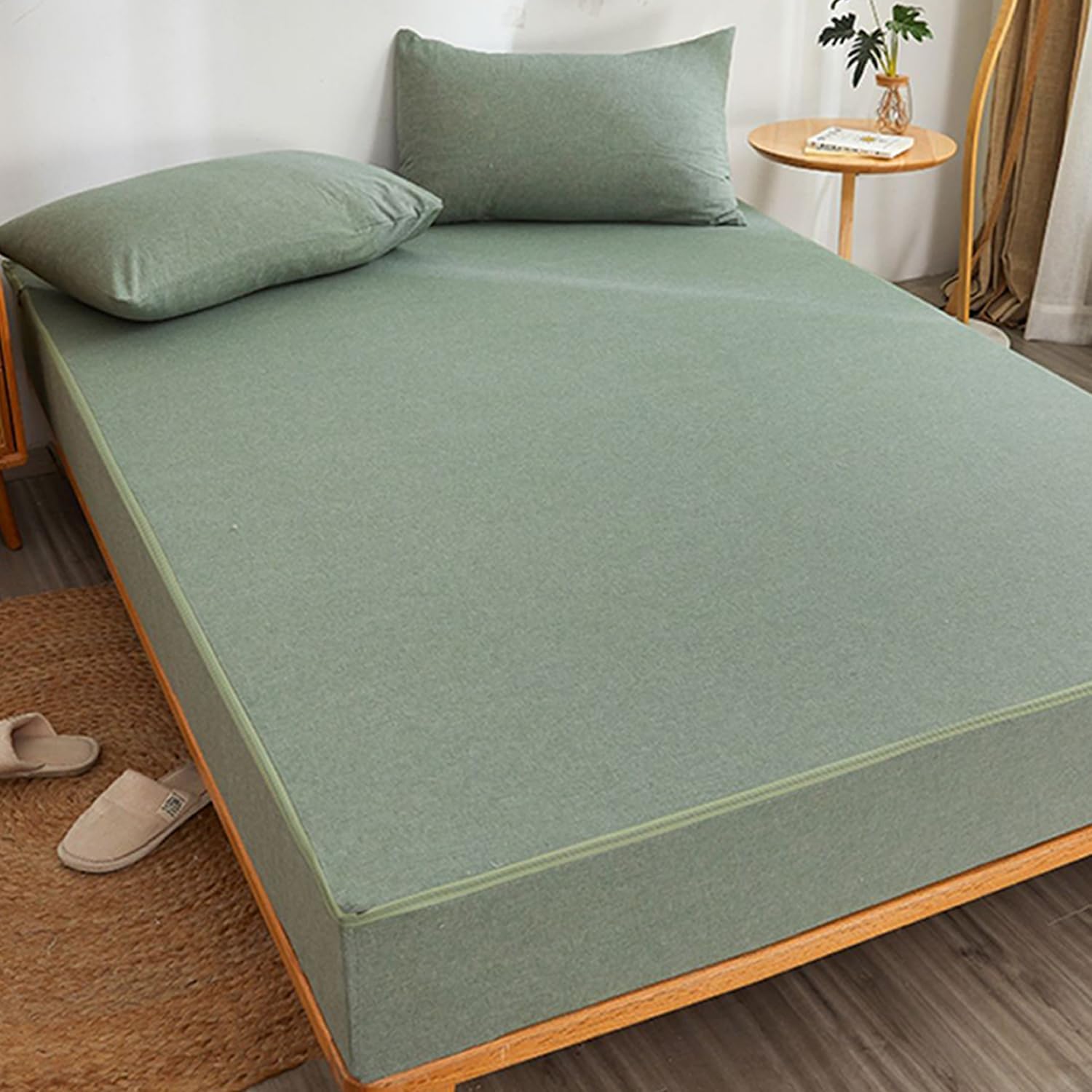Anpassbarer Matratzenschoner aus Baumwolle, 180 x 200 + 25 cm, hautfreundliches, bequemes Spannbetttuch für Doppel-/Einzelbett-/Kingsize-Größe, grüner Matratzenbezug mit Reißverschluss