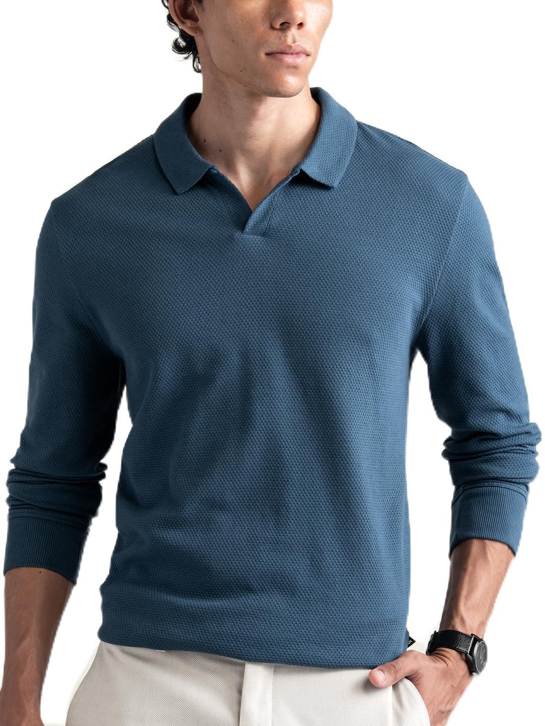damensch Statement Waffle Johnny Collar Full Sleeve Polo with Premium Cotton Blend, Waffle Texture, Colours by High-IQ Dyes Heavy Weight Fabric T-Shirt for Men-picture-50