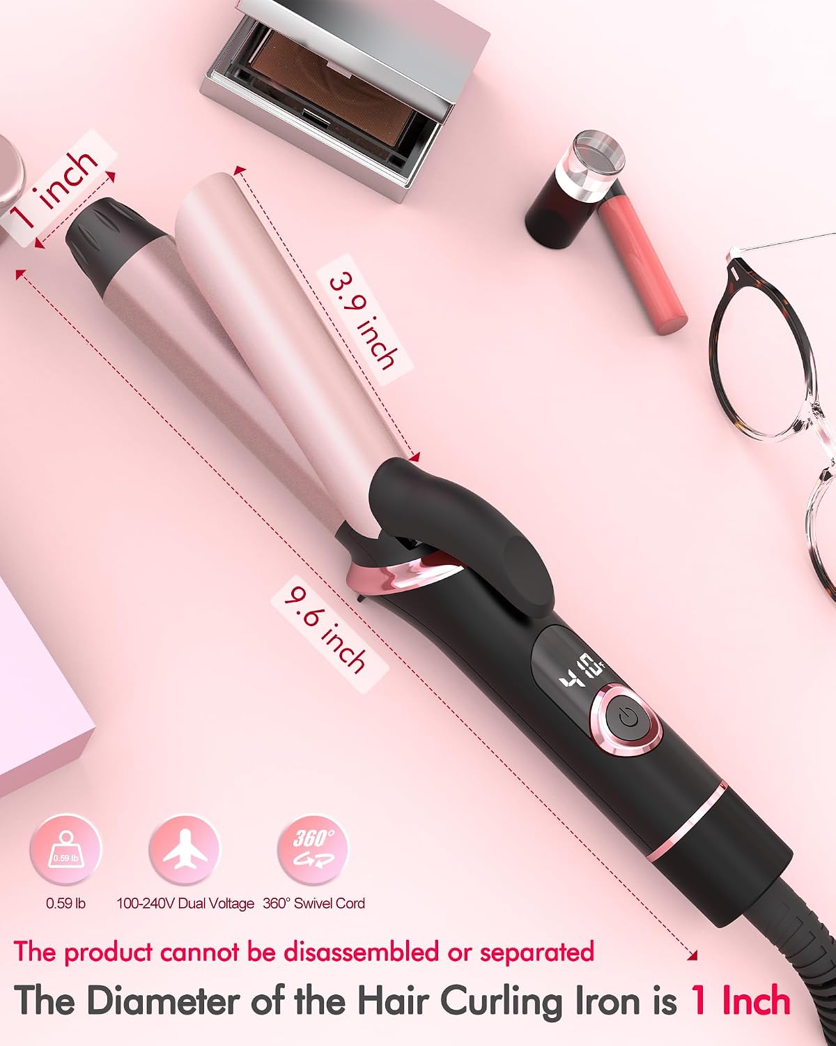 Travel Curling Iron, Dual Voltage with European, UK Plug Adapter, Small Hair Curler for Women, 5 Temperature Settings for All Hair Types up to 410℉, 1 Inch image 2